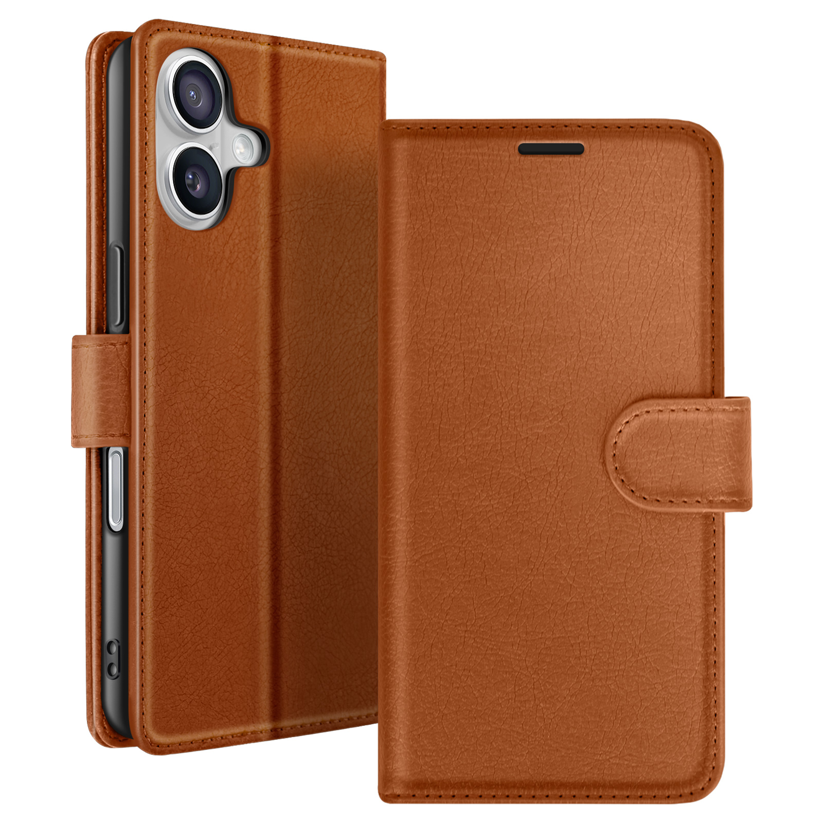 Un étui de téléphone en cuir marron, ouvert pour révéler un téléphone. L'étui a une fermeture magnétique et une découpe pour l'appareil photo.