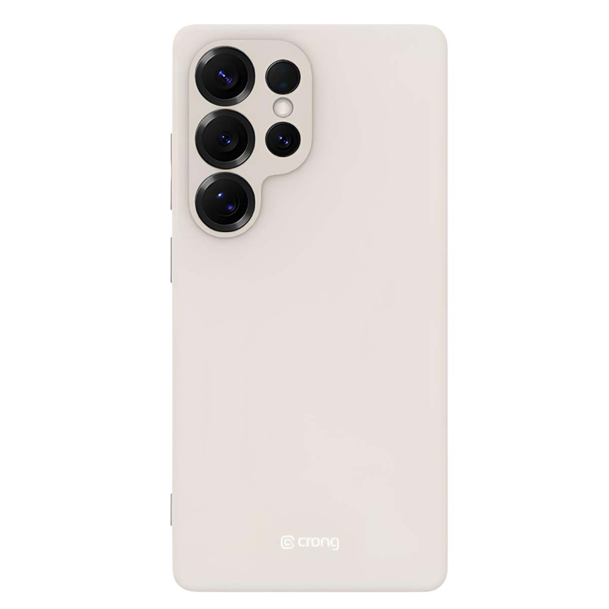Una custodia per telefono beige chiaro con più obiettivi della fotocamera. Il marchio 'crong' è stampato in basso.