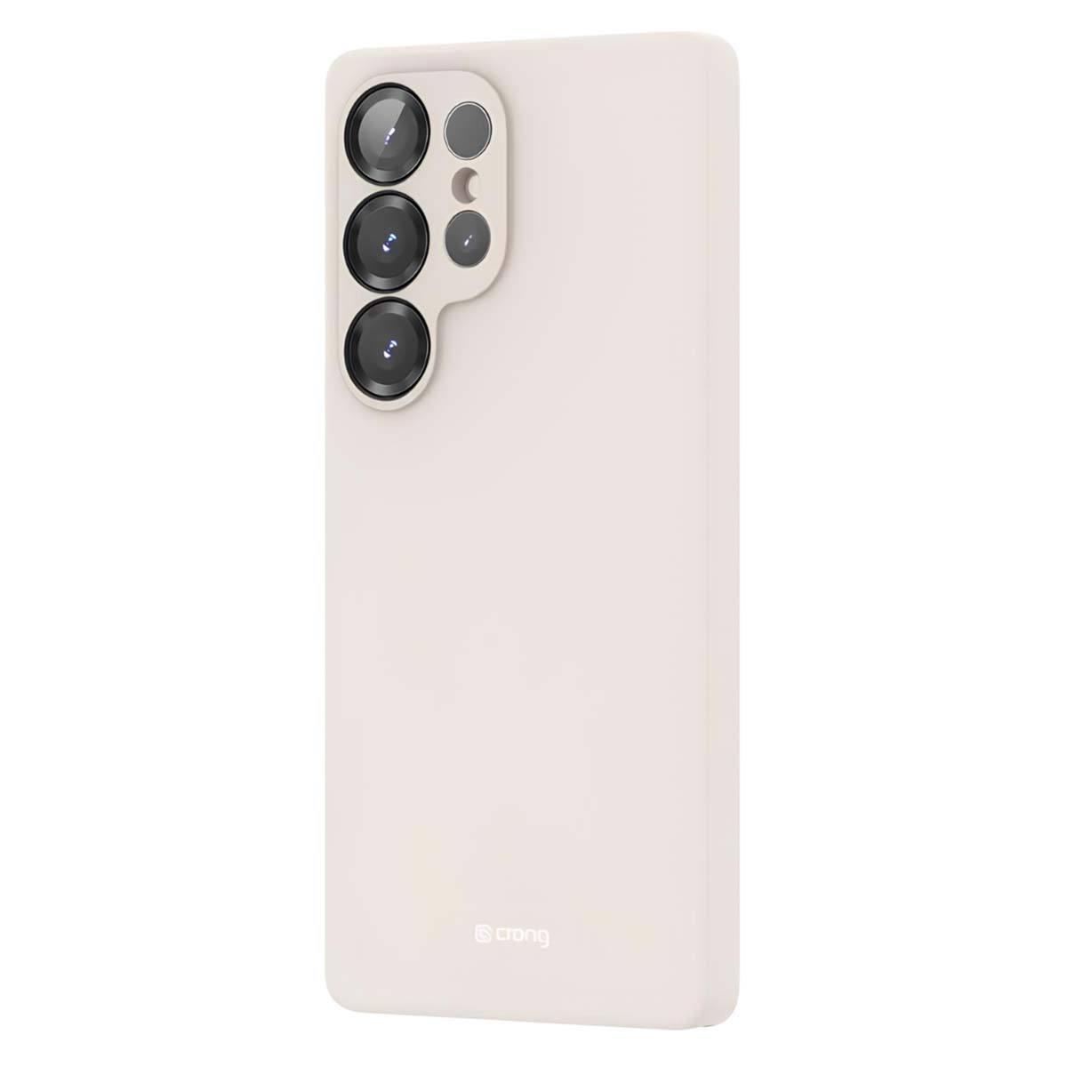 Una custodia per smartphone bianco sporco. Presenta un array di fotocamere in alto a sinistra e il marchio 'strong' in basso.