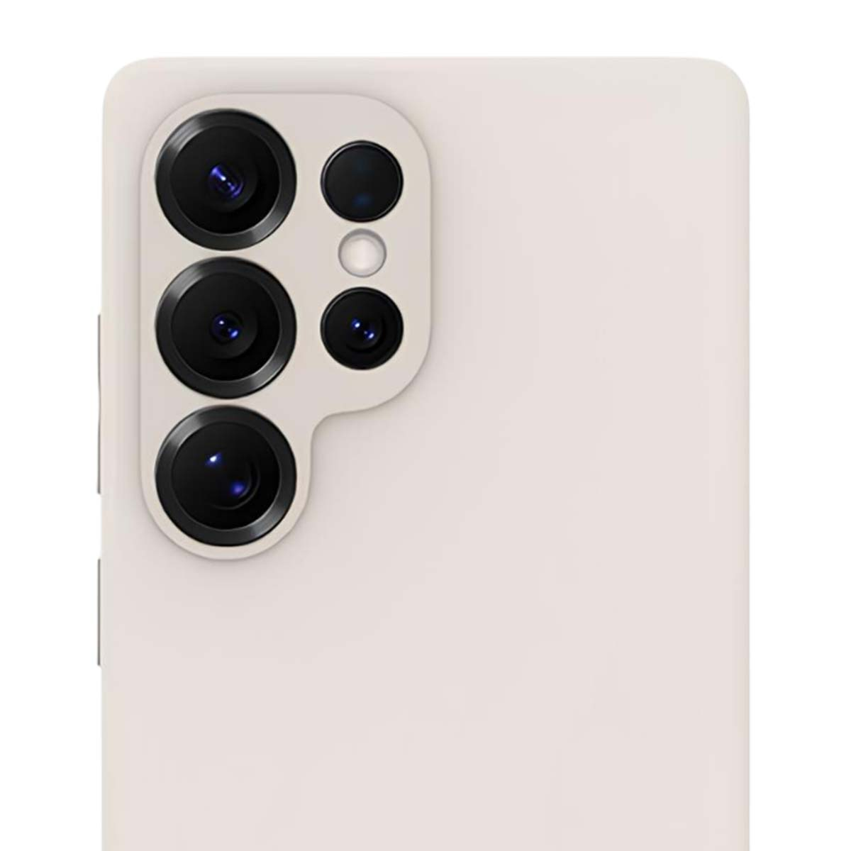 Primo piano della parte posteriore di uno smartphone. Ha un corpo bianco con un modulo fotocamera. Il modulo contiene più lenti nere con riflessi blu.