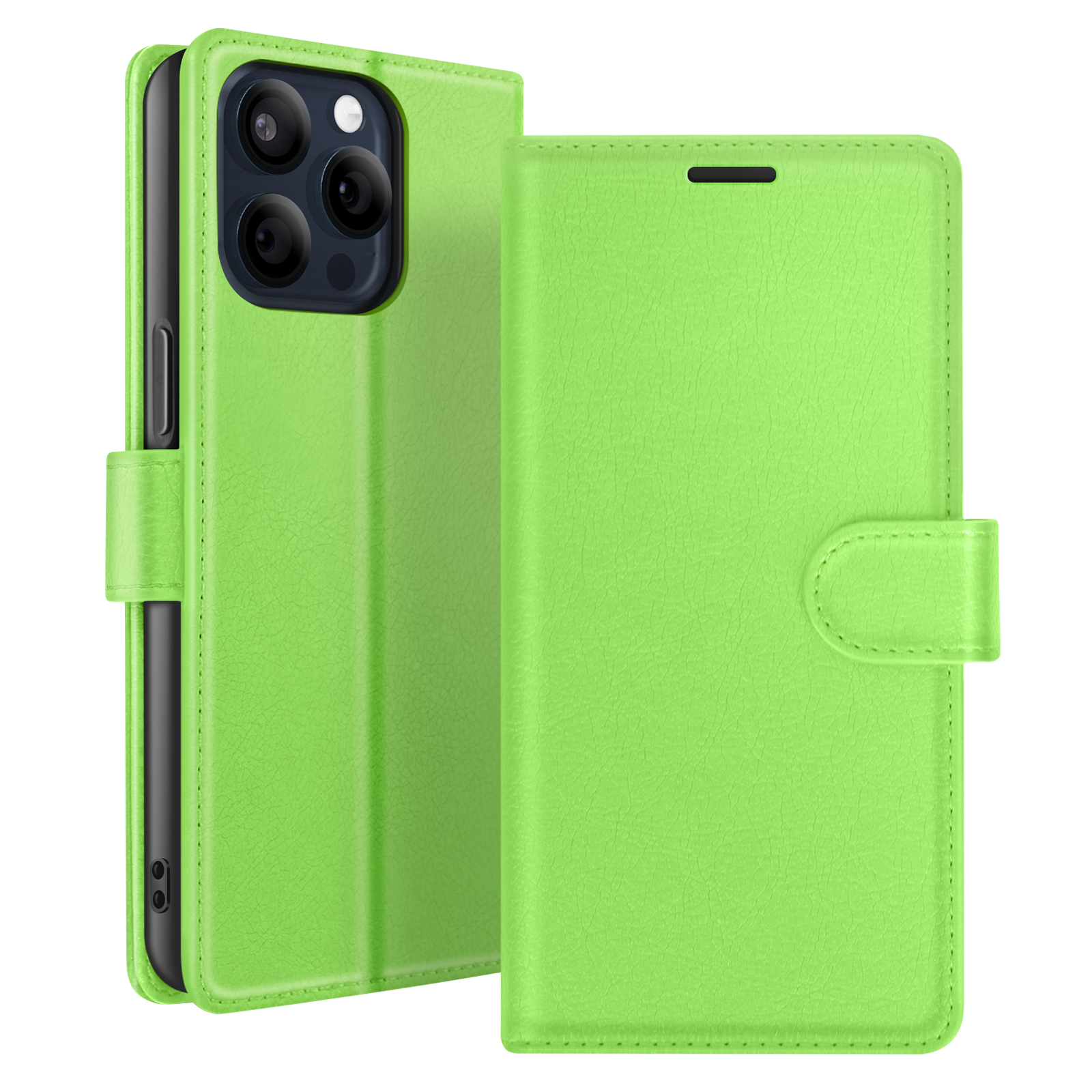 Groene leren telefoonhoes, opengeklapt. Zichtbare telefooncamera's. Sluiting aan de voorkant.