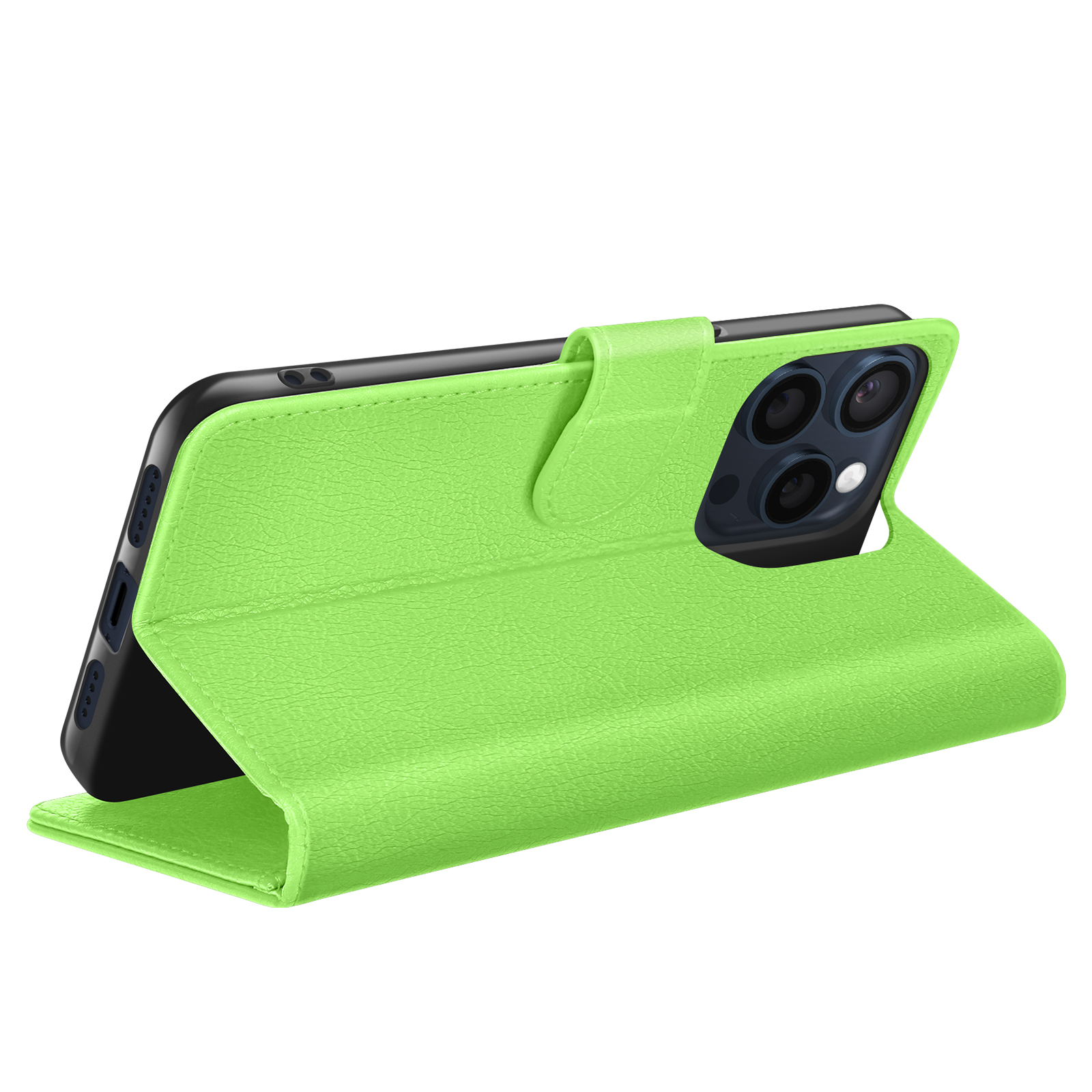 Een groene telefoonhoes is open en toont een zwarte telefoon. De hoes is getextureerd, met een magnetische sluiting.
