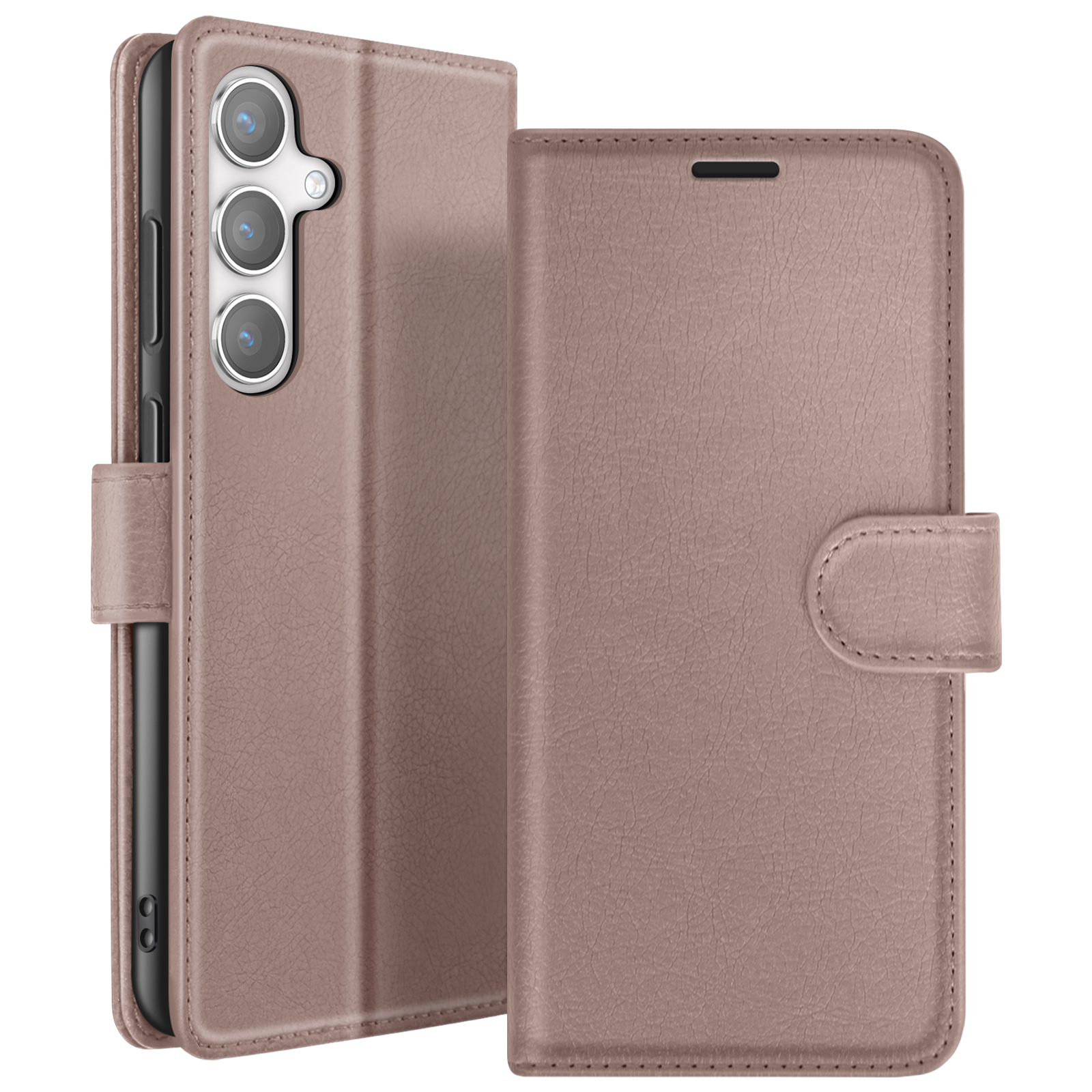 Een mauve telefoonhoesje is open en toont een smartphone. De hoes heeft een getextureerde afwerking en een sluiting. De telefoon heeft drie camera's.