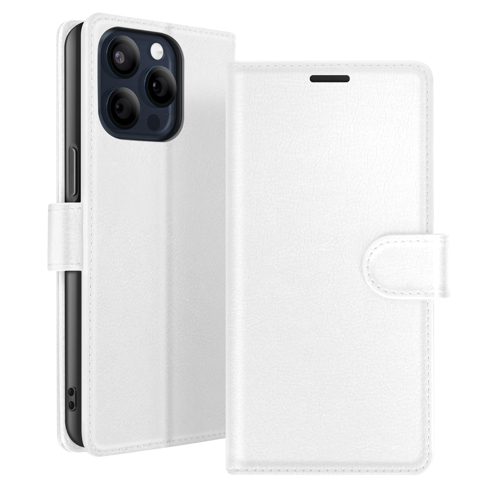 Étui de téléphone blanc avec couvercle ouvert. Le téléphone est noir. L'étui a une fermeture à bouton.