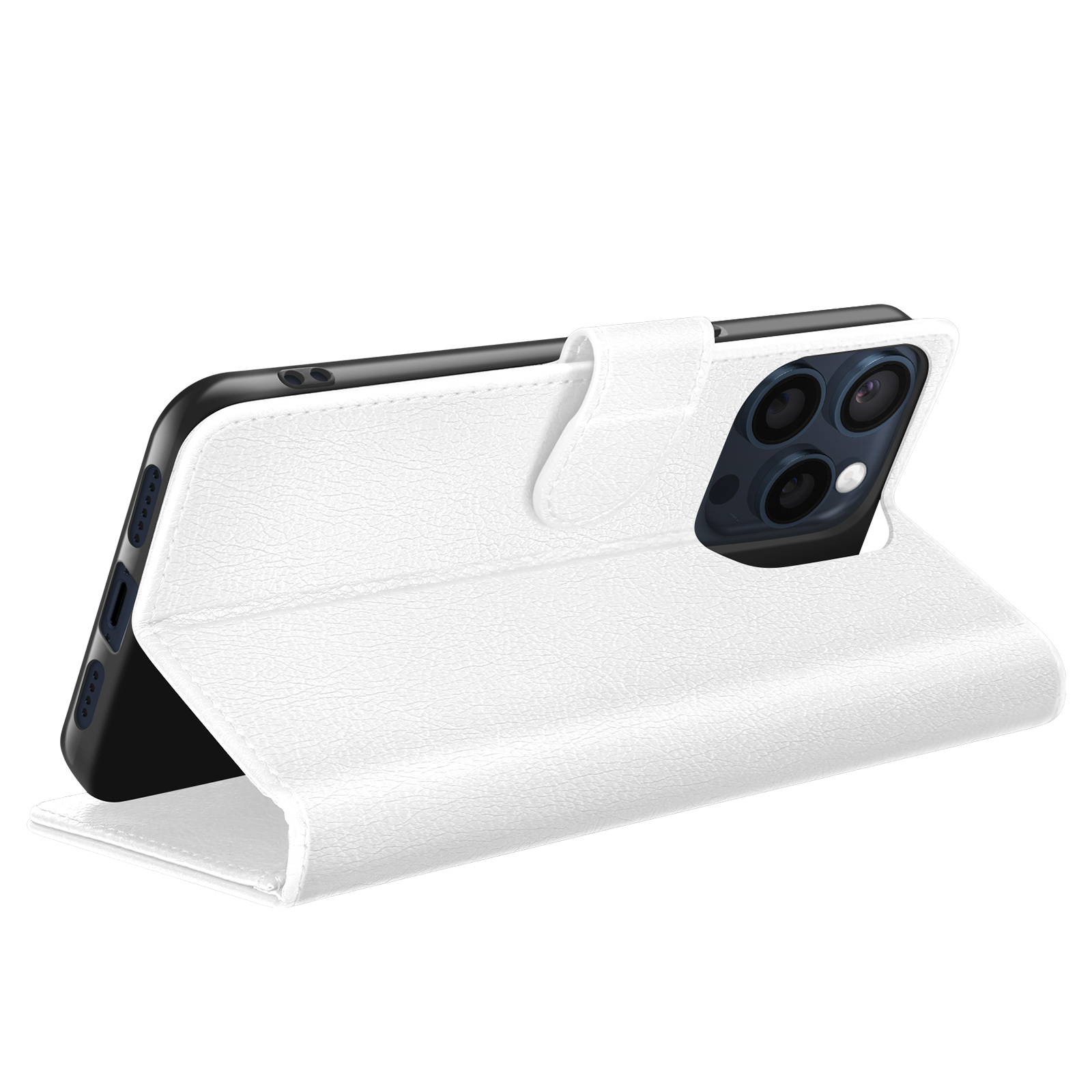 Étui de téléphone en cuir blanc, ouvert, montrant un téléphone noir. L'étui a une fermeture magnétique. Fond blanc.