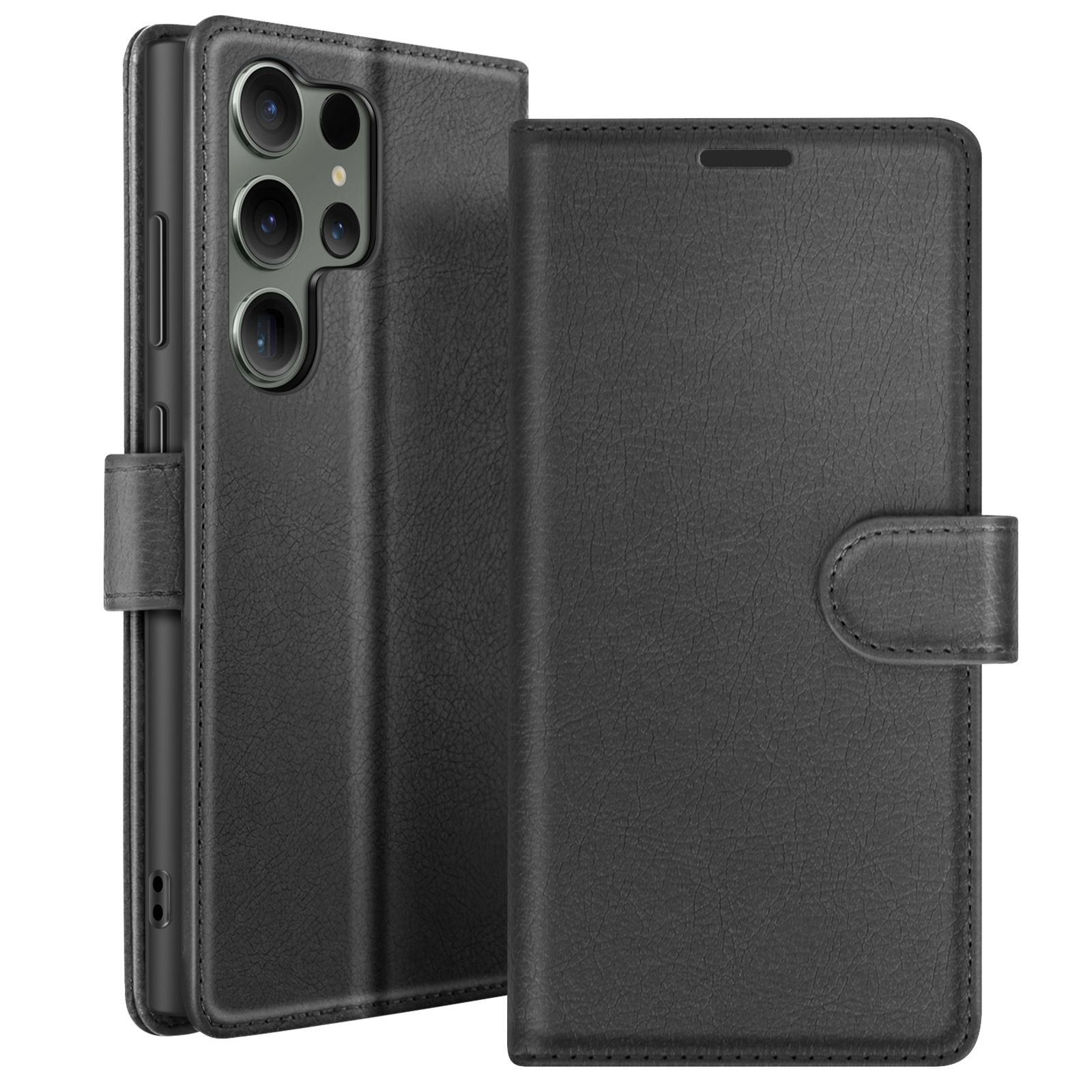 Zwarte leren telefoonhoes. Het heeft een klep die sluit met een magneetsluiting. De camera's van de telefoon zijn zichtbaar.