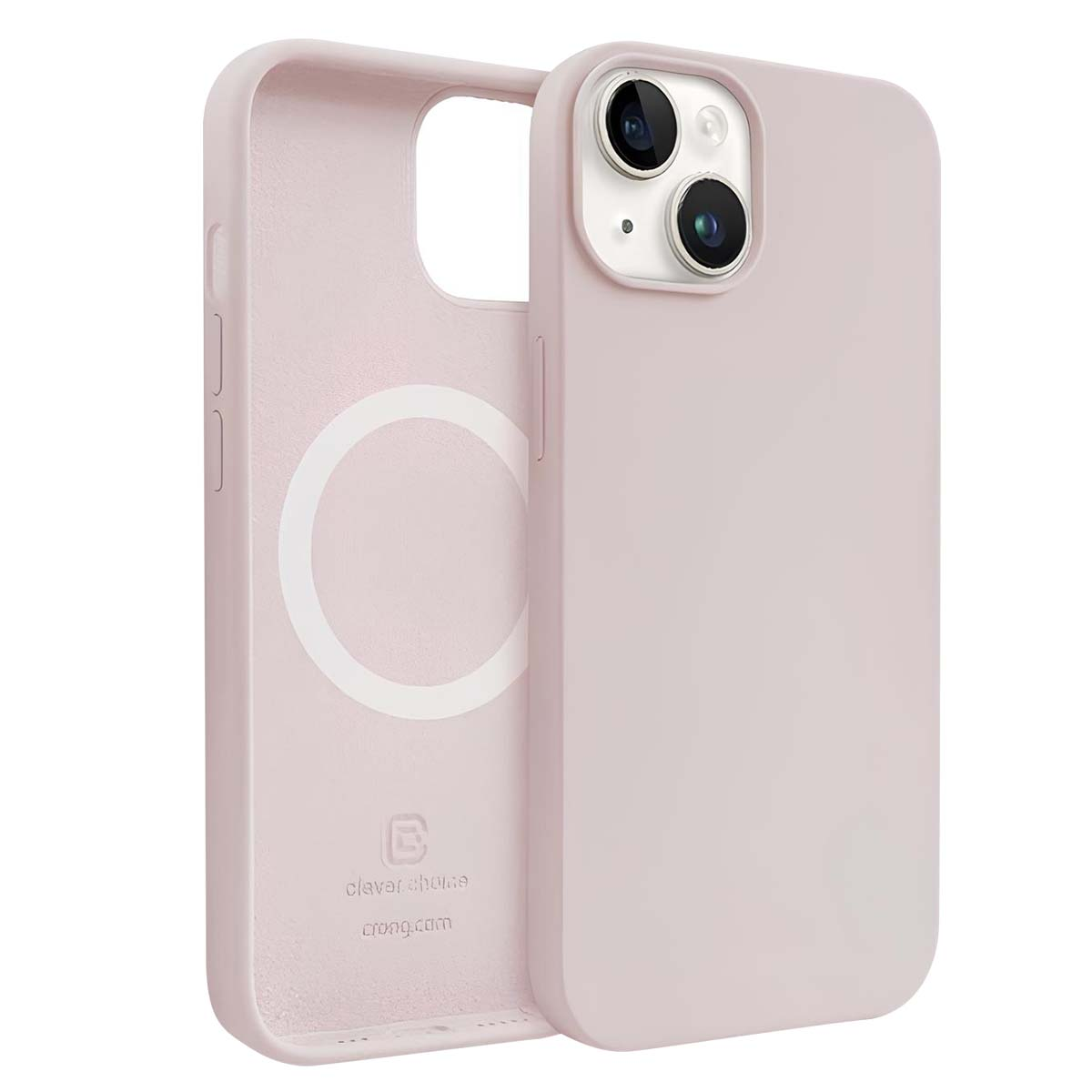 Una custodia per telefono rosa chiaro, aperta, che mostra l'interno e il retro del telefono. La custodia ha il marchio in basso.