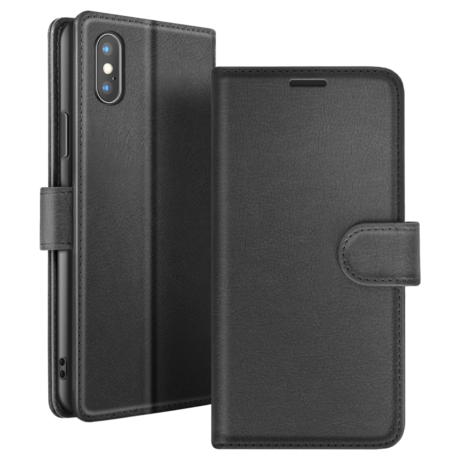 Zwarte leren telefoonhoes open. De hoes heeft een magnetische sluiting en een telefoonhouder.