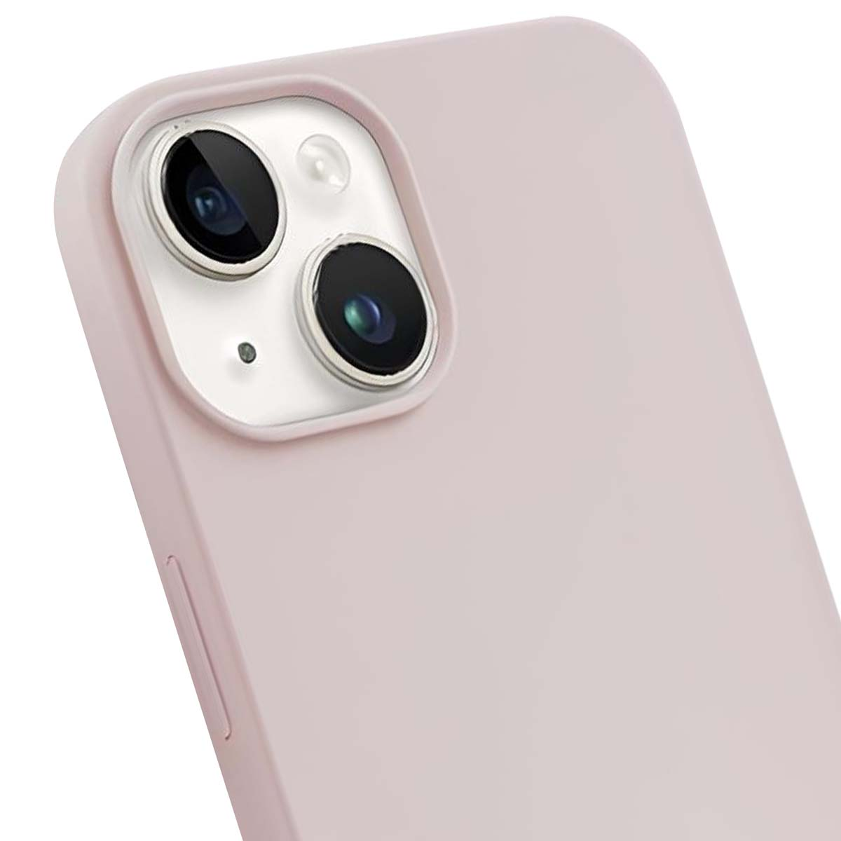 Primo piano di una custodia per telefono rosa con un modulo fotocamera. Il modulo ha due lenti e un flash. La custodia è liscia e angolare.