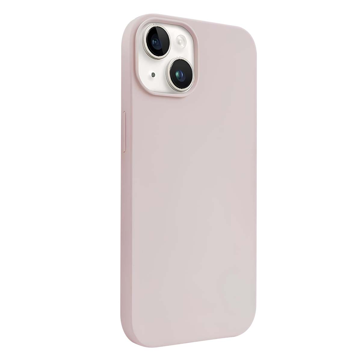Una custodia per telefono rosa chiaro con due obiettivi. La custodia è leggermente angolata, mostrando il lato e il retro.
