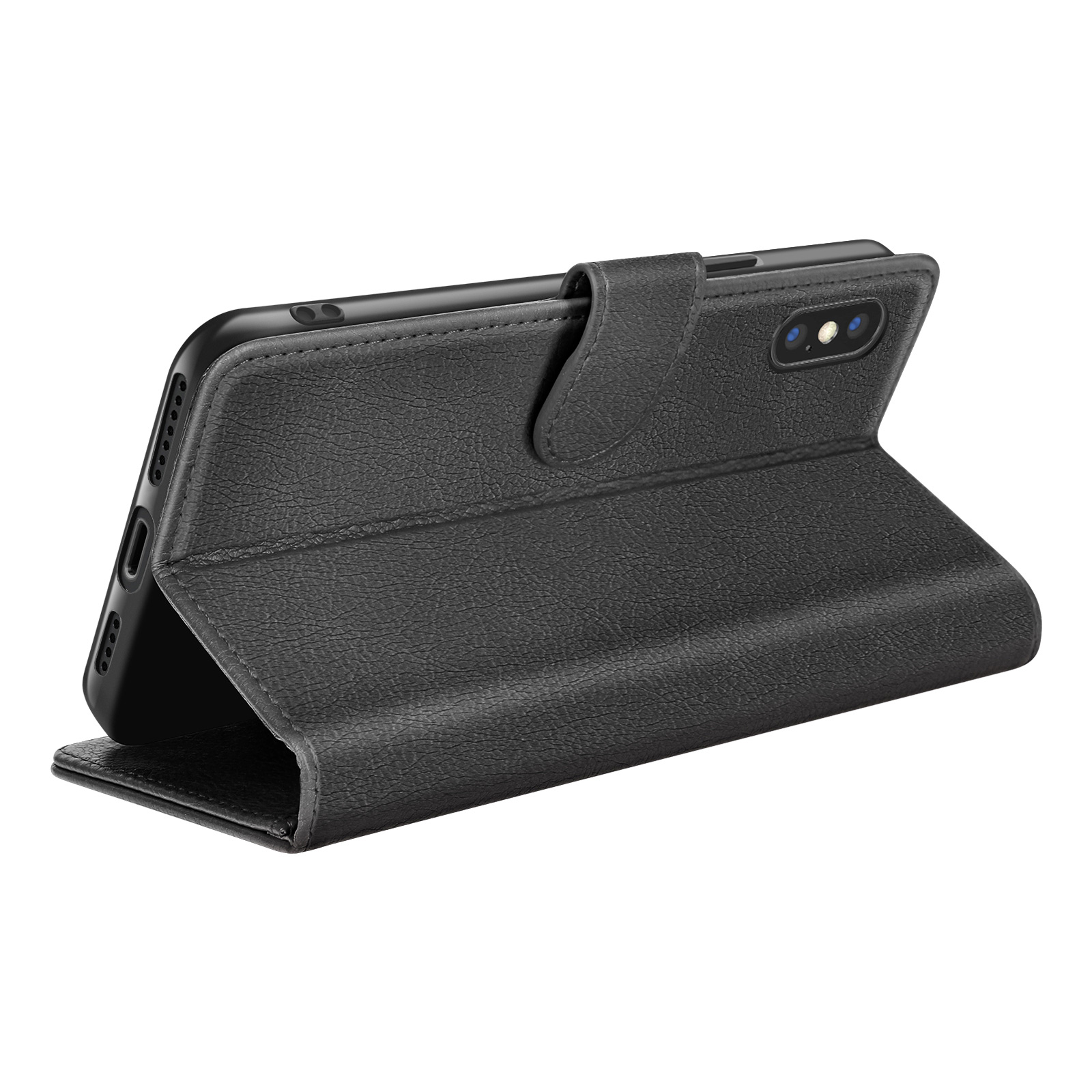 Een zwarte telefoonhoes is open en toont een smartphone. De hoes heeft een leertextuur met een magnetische sluiting.