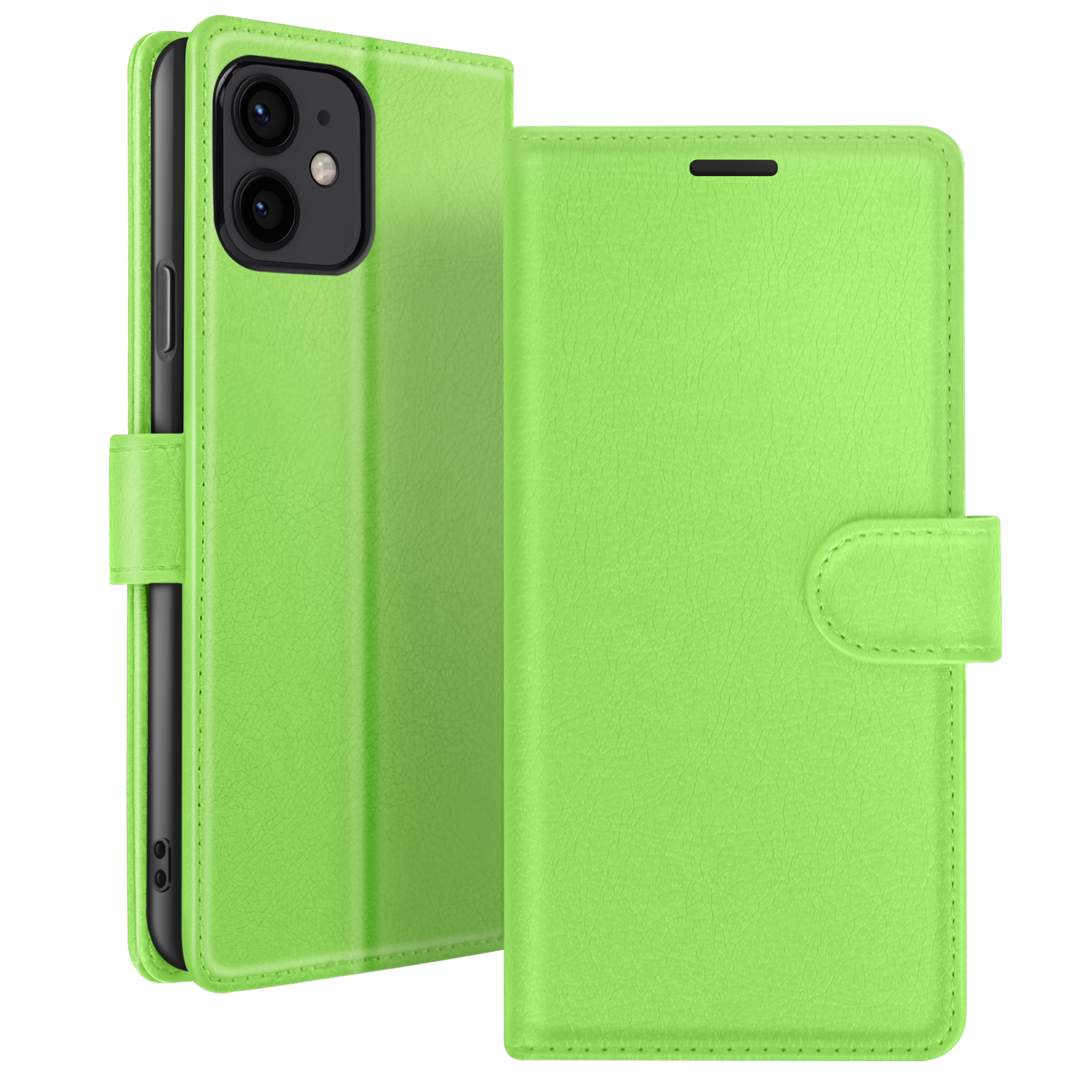 Un étui de téléphone vert citron est présenté ouvert. Le téléphone est noir, l'étui a une fermeture magnétique.