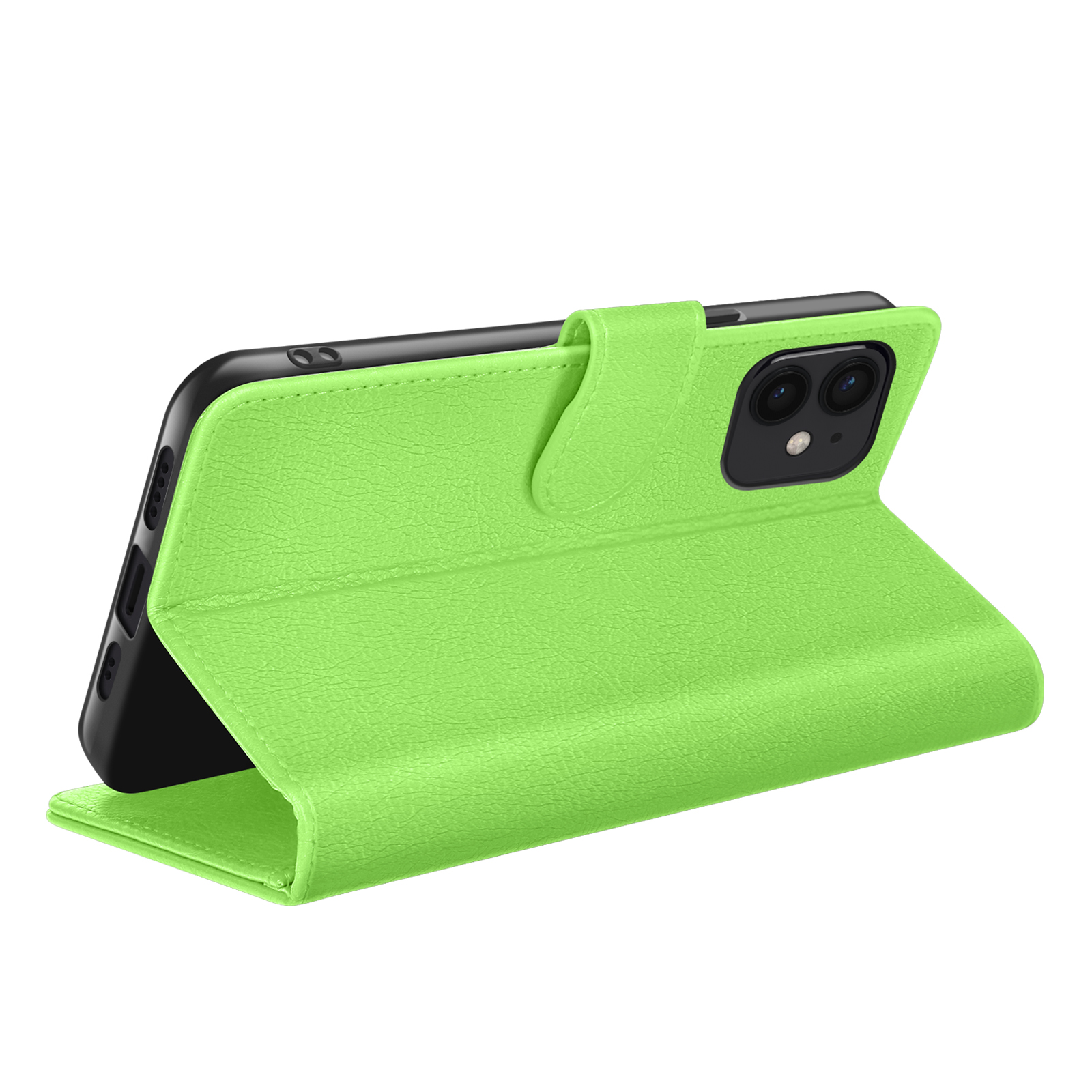 Un étui de téléphone vert citron est ouvert, affichant un téléphone noir. L'étui est texturé, avec un fermoir magnétique.