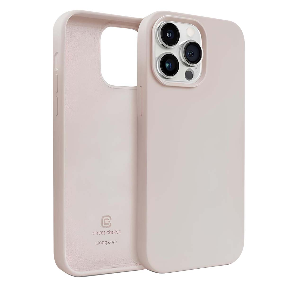 Custodia per telefono rosa chiaro con tre obiettivi della fotocamera visibili. La custodia è in due parti, che mostrano l'interno e l'esterno.