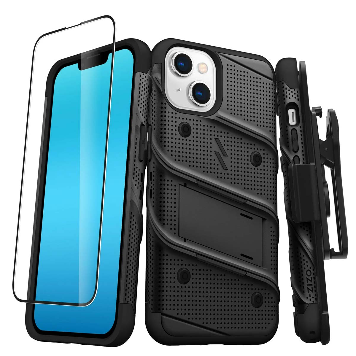 Un set di custodia nera per telefono con protezione schermo e clip da cintura. La custodia ha un supporto e un design strutturato.