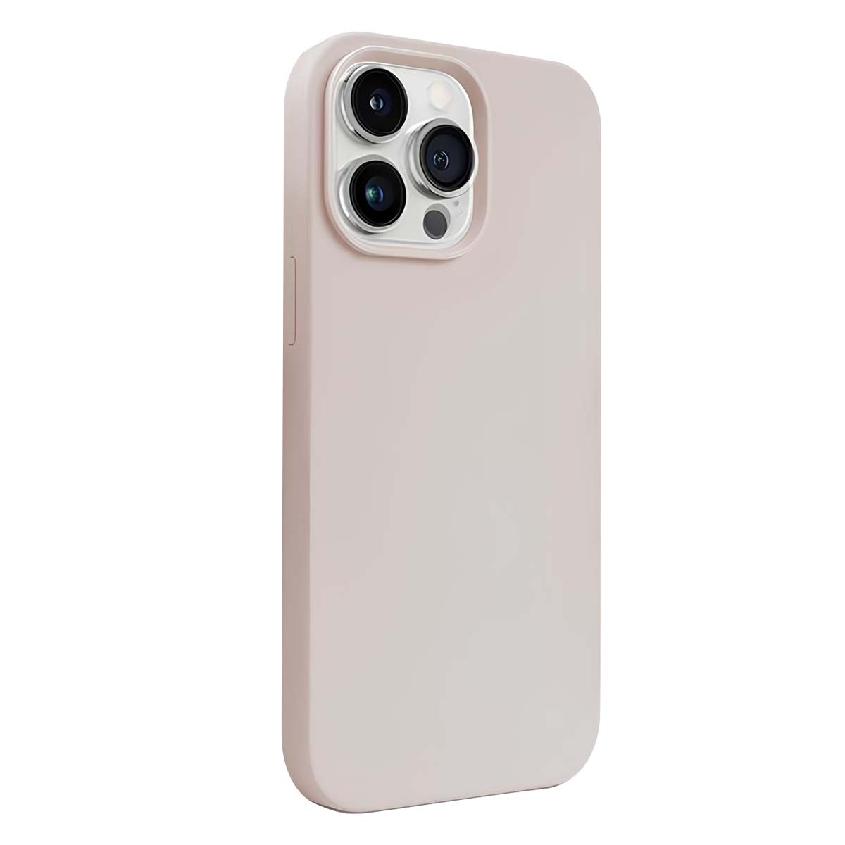 Una custodia per telefono rosa chiaro con tre obiettivi della fotocamera visibili. La custodia è liscia e leggermente curva.