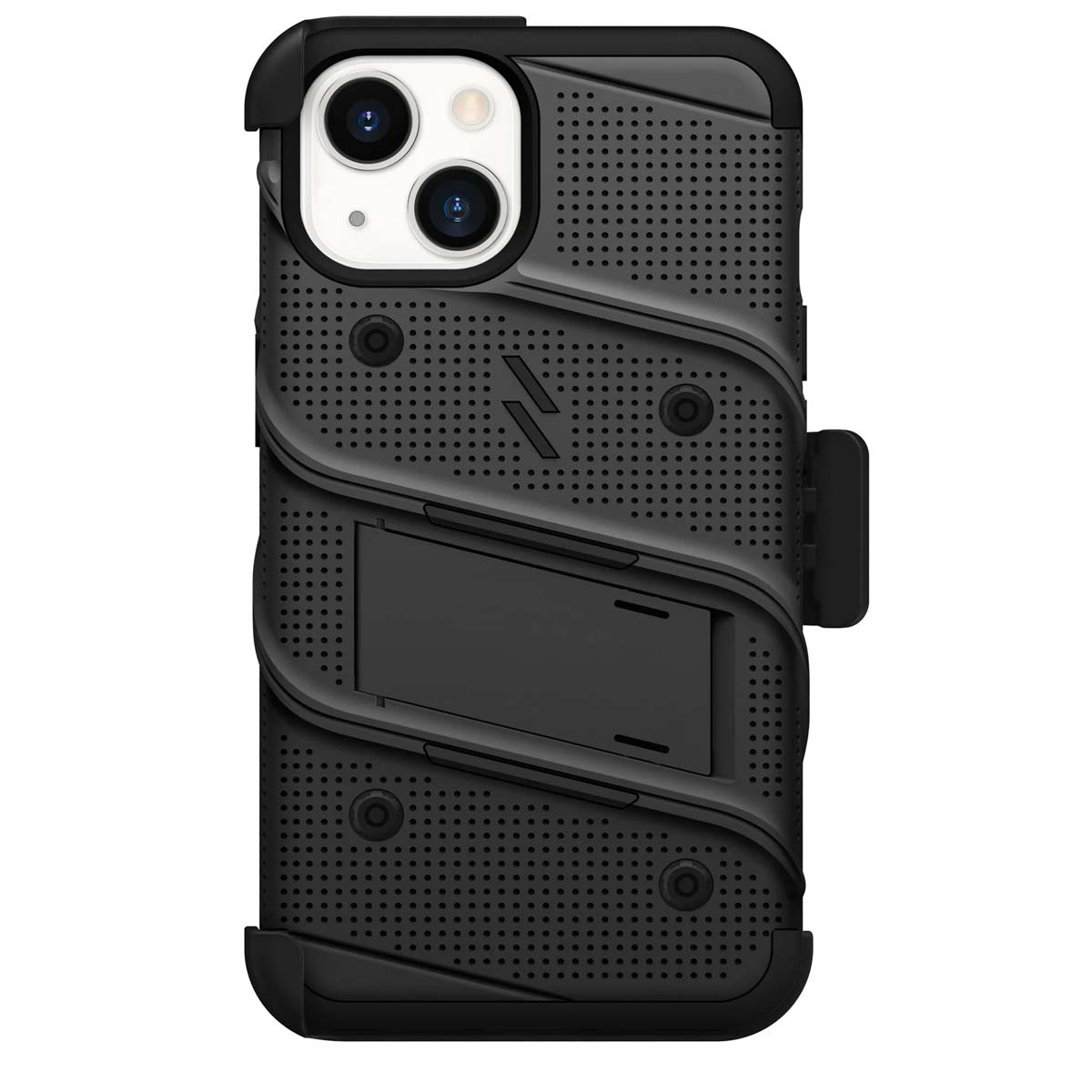 Custodia nera per telefono con supporto e clip da cintura. La custodia ha un design strutturato con motivo perforato.