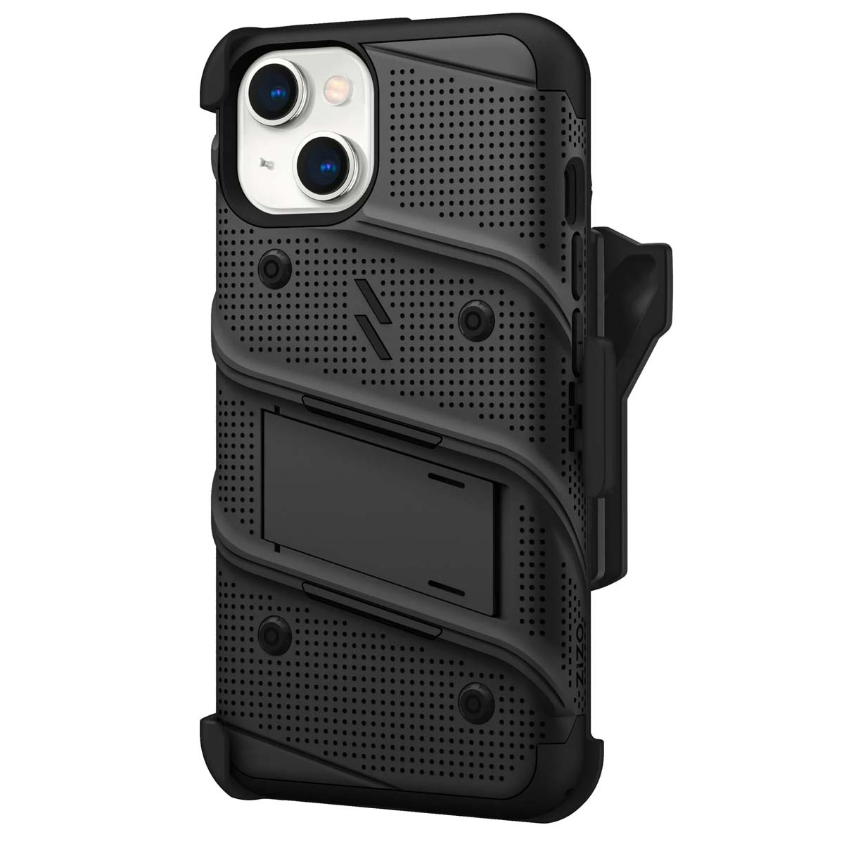 Custodia per telefono nera con supporto e fondina integrati. Presenta un ritaglio per la fotocamera e un design perforato.