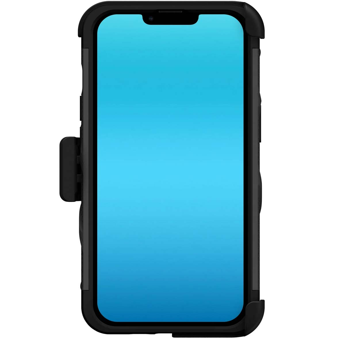 Un telefono nero in una custodia, con schermo blu. La custodia ha una clip per cintura. Il telefono è su sfondo bianco.