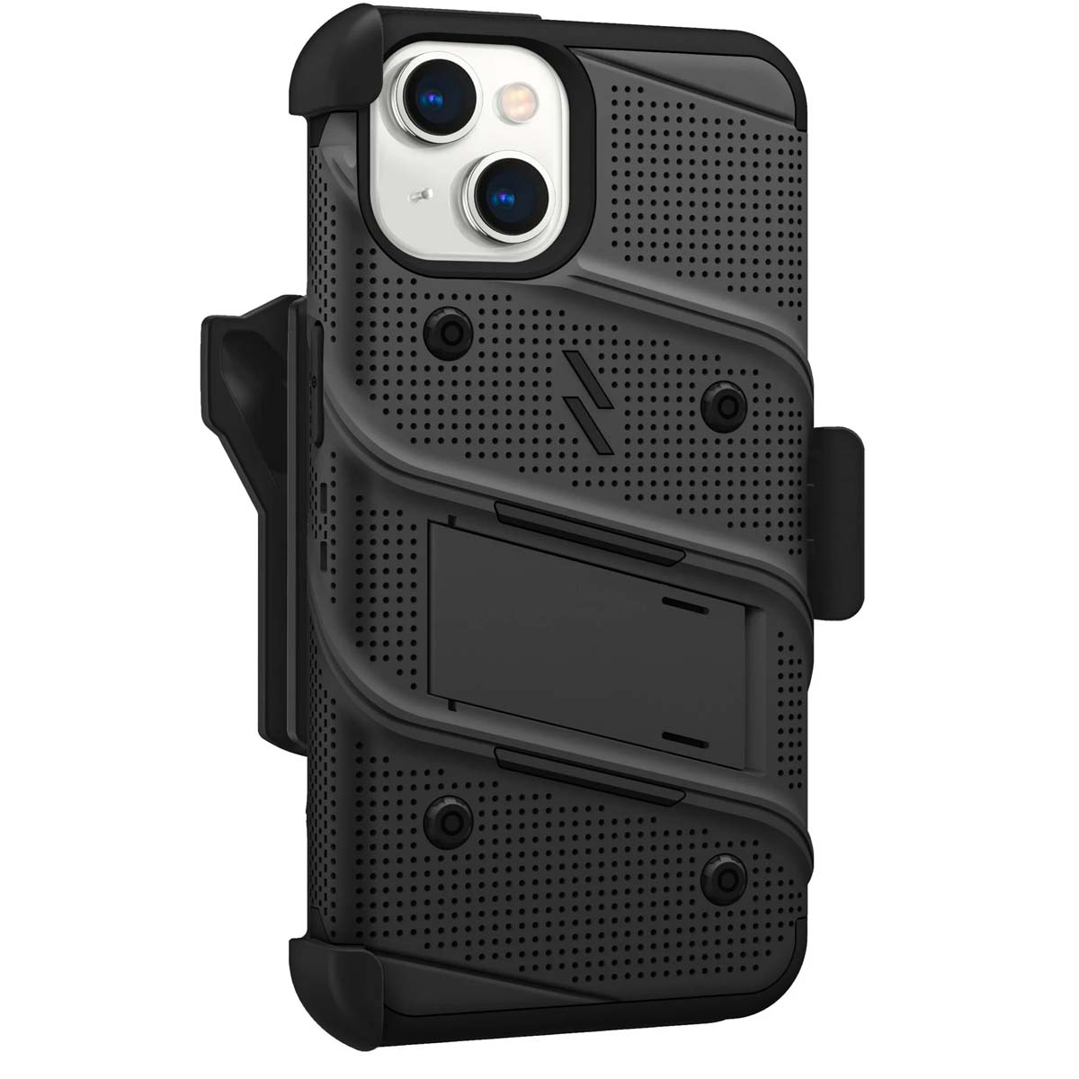 Custodia nera per telefono con design perforato, fotocamera e supporto. La custodia ha una clip da cintura. La fotocamera è visibile.