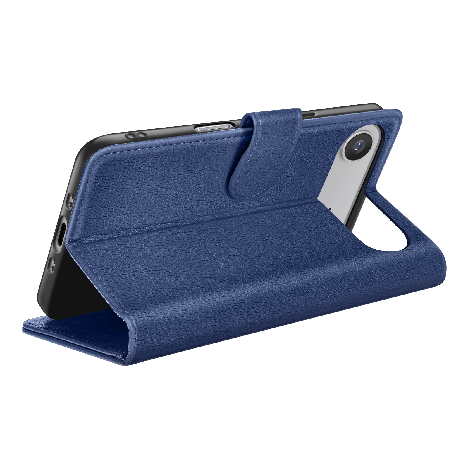 Una custodia per telefono in pelle blu, aperta. Il telefono è nero. La custodia ha una superficie strutturata.