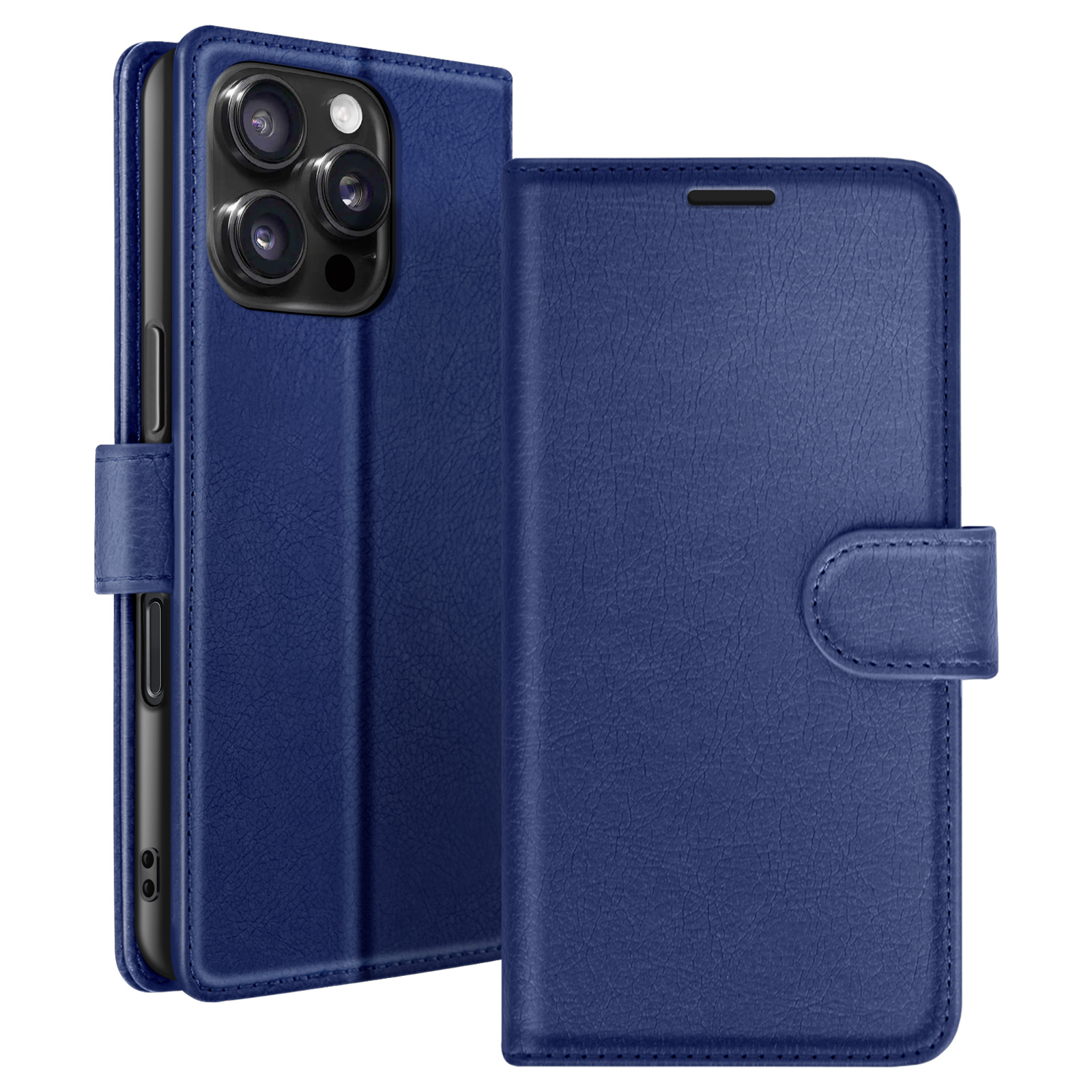 Un étui de téléphone en cuir bleu en position ouverte, montrant le téléphone. L'étui a une fermeture magnétique. Le téléphone a plusieurs caméras.