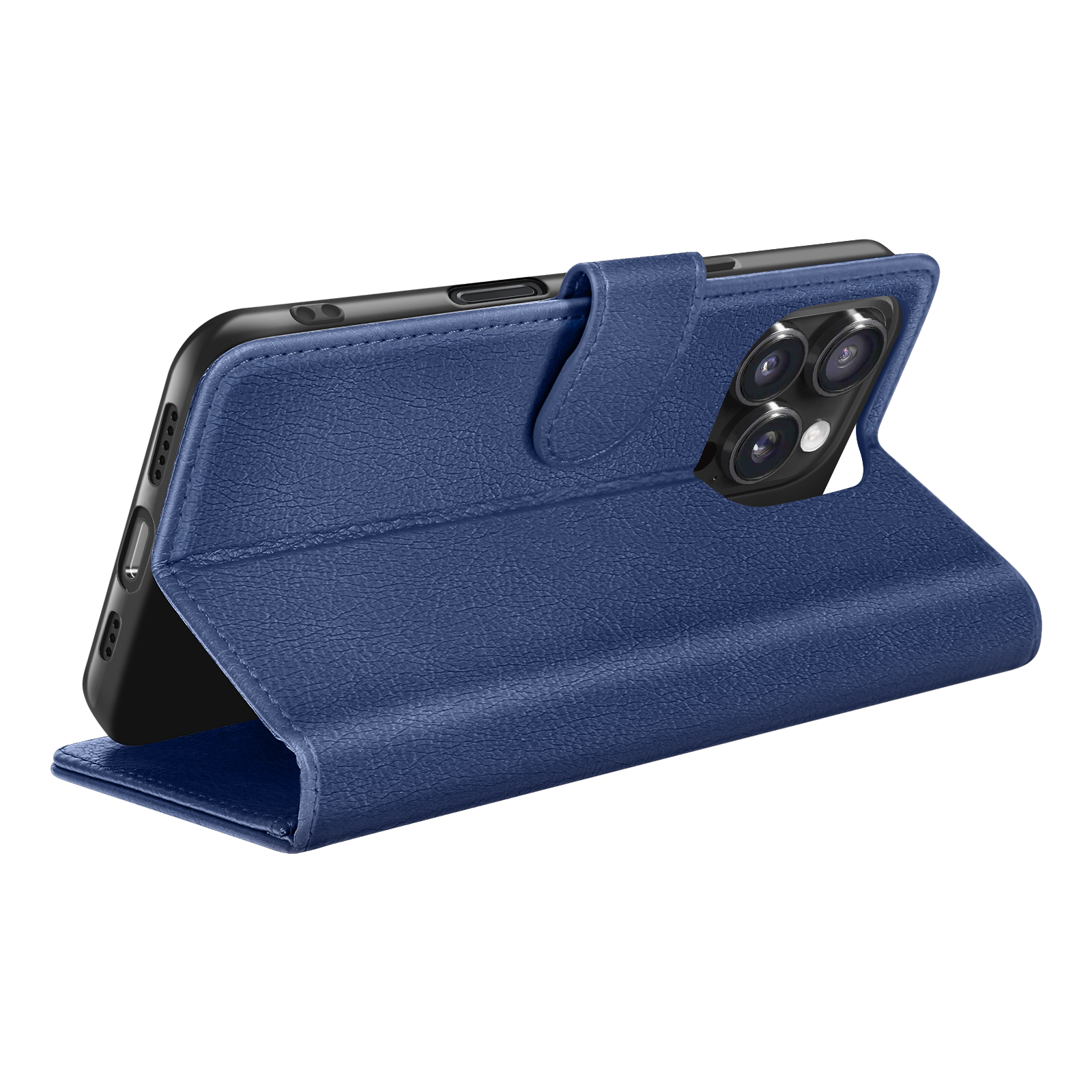 Un étui de téléphone bleu est ouvert, tenant un téléphone noir. L'étui a une surface texturée et une fermeture magnétique.