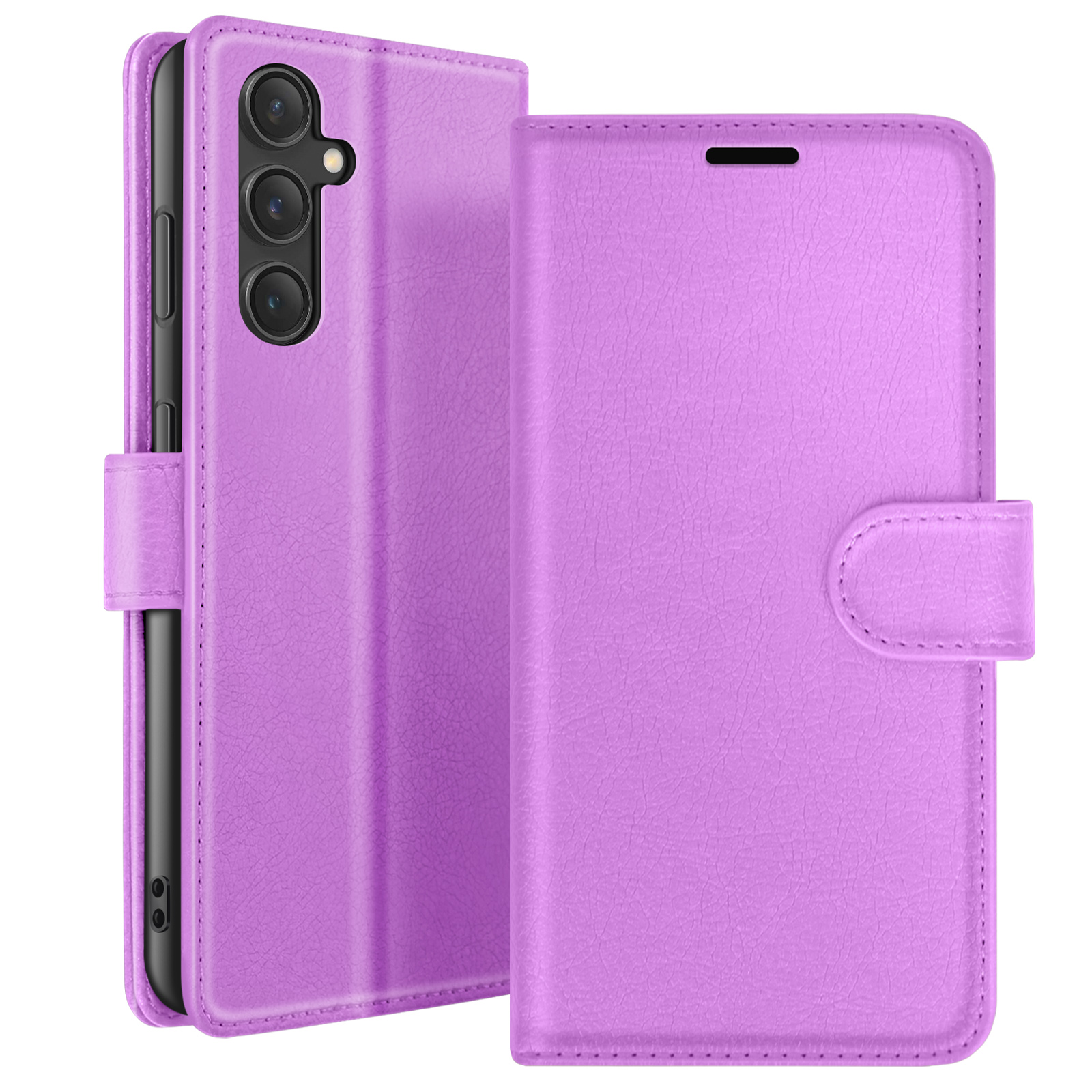 Een paarse telefoonhoes is open en toont een telefoon. De hoes heeft een magnetische sluiting en een getextureerd oppervlak.