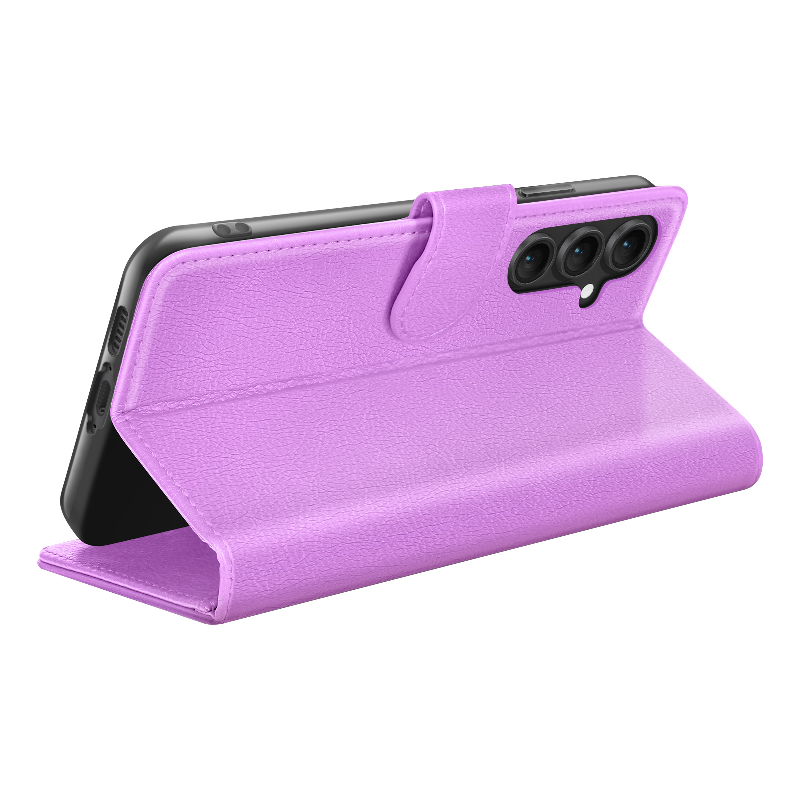 Een lavendelkleurige telefoonhoes houdt een zwarte telefoon vast. De hoes heeft een getextureerd oppervlak en een sluiting.