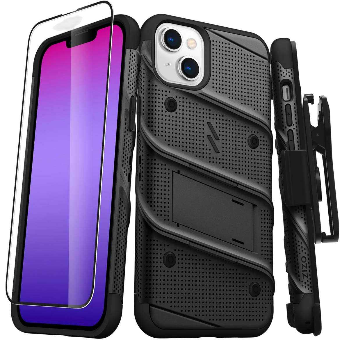 Una custodia nera per telefono, una protezione per lo schermo e una clip da cintura. Lo schermo del telefono è viola. La custodia ha un supporto ed è strutturata.