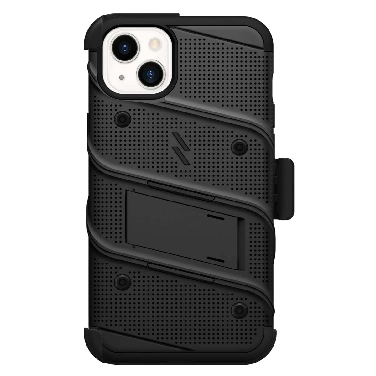 Custodia nera per telefono con fori per fotocamera e cavalletto. Ha un design strutturato con fori. La custodia è su sfondo bianco.