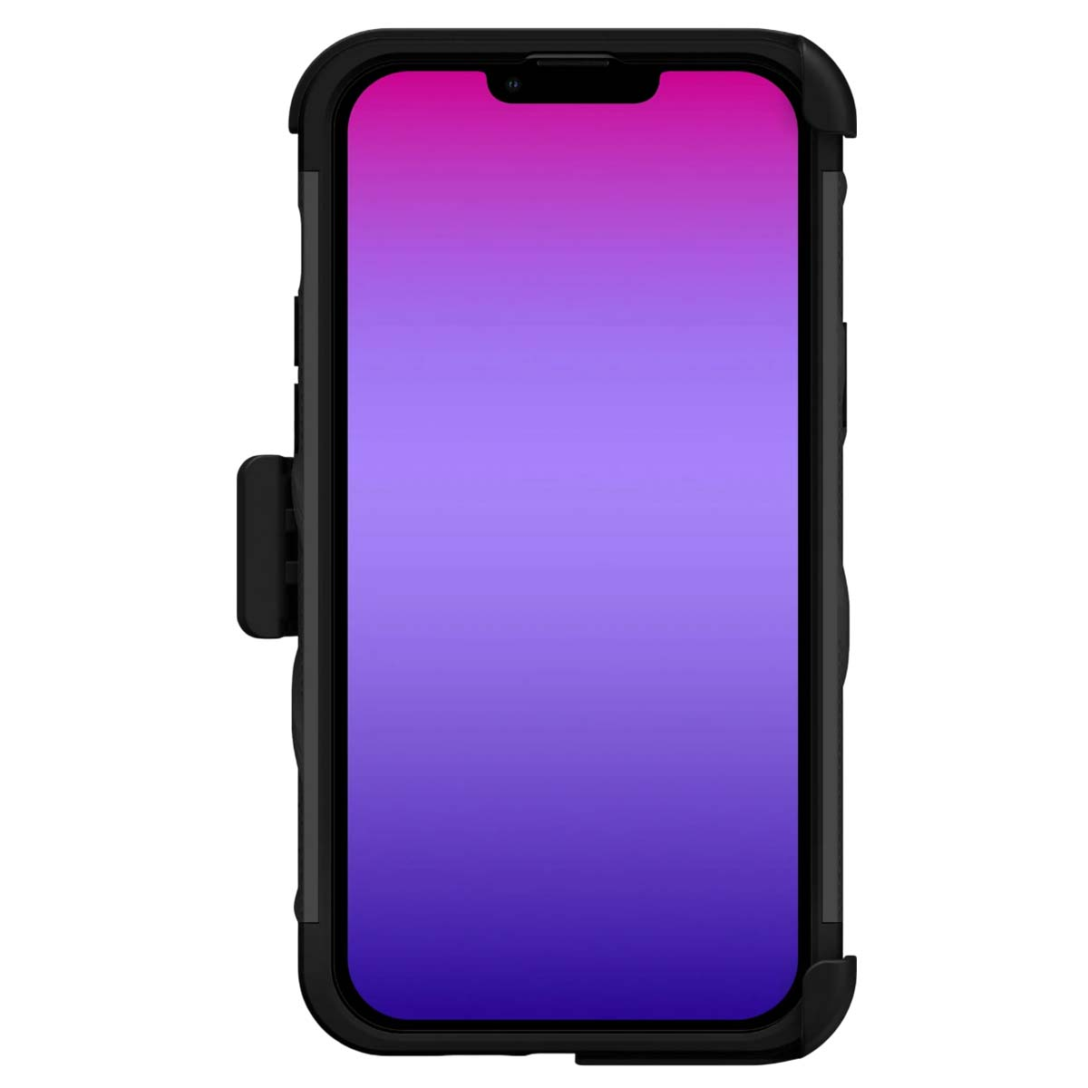 Uno smartphone nero in una custodia protettiva. Lo schermo mostra una sfumatura da viola a rosa. Una clip nera è attaccata al lato.