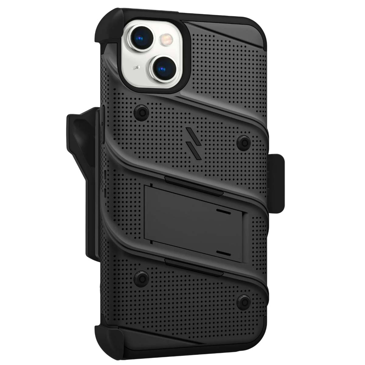 Custodia nera per telefono con supporto e clip da cintura. La custodia ha molti piccoli fori. Le lenti della fotocamera sono visibili in alto.