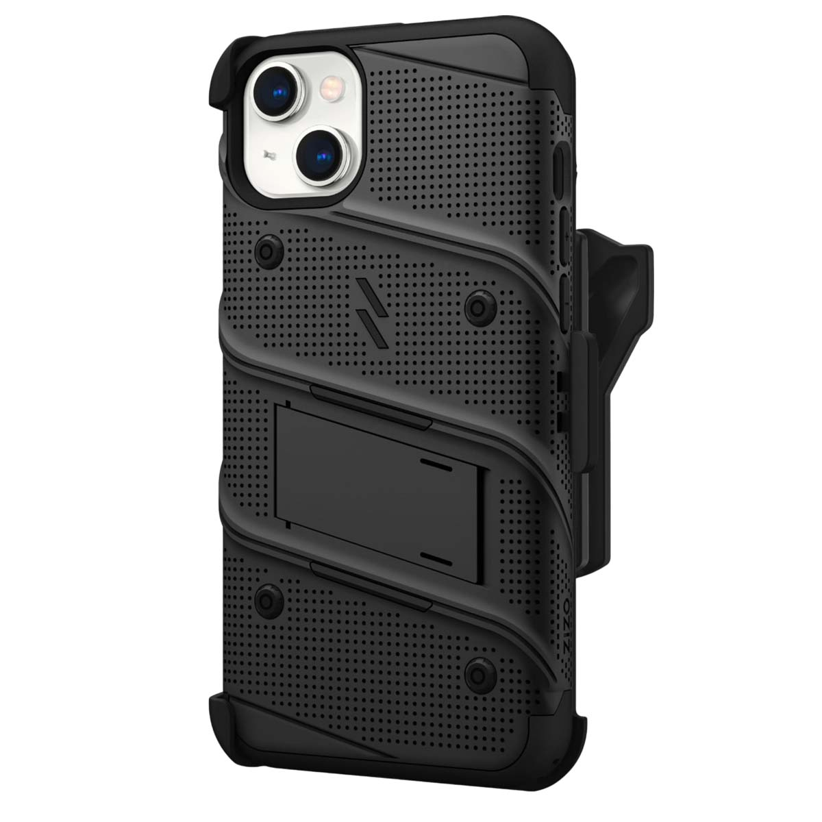 Custodia nera per telefono con supporto e fondina. Ha un design perforato e un'evidente protuberanza della fotocamera.