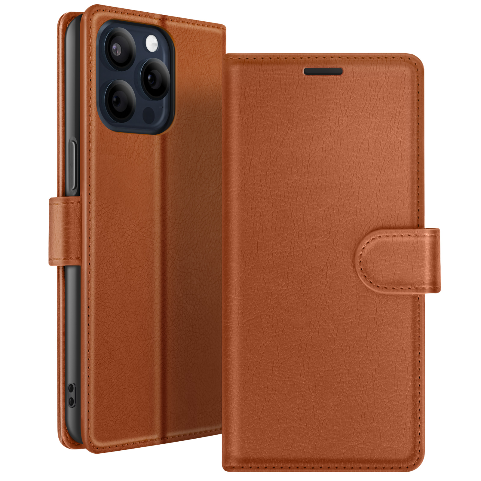 Custodia per telefono in pelle marrone aperta. Il telefono è visibile all'interno. La custodia ha una chiusura magnetica.