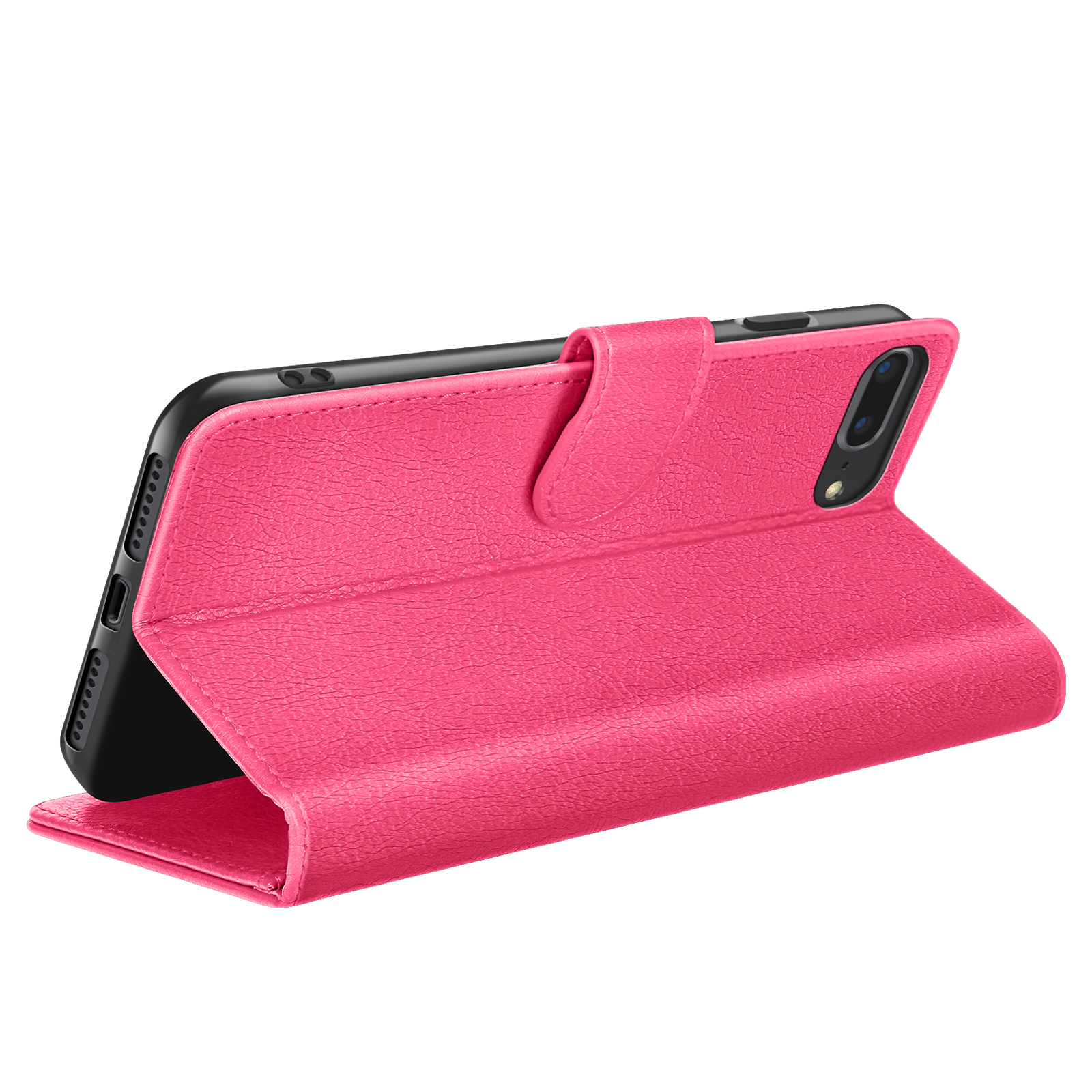 Una custodia rosa con coperchio a ribalta è aperta, rivelando un telefono nero. La copertura è in similpelle con chiusura magnetica.