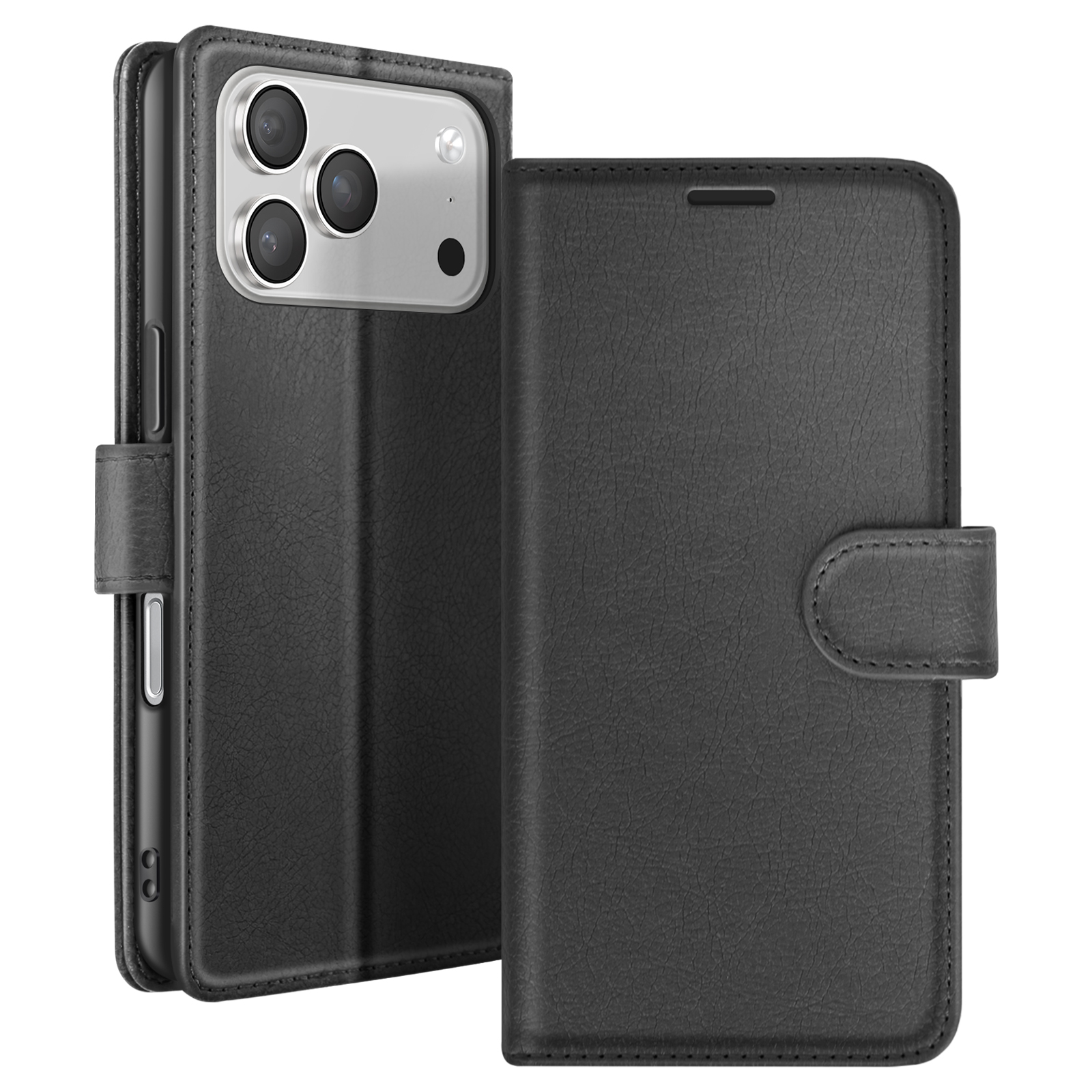 Zwarte leren telefoonhoes met magneetsluiting. De camera van de telefoon is links zichtbaar.