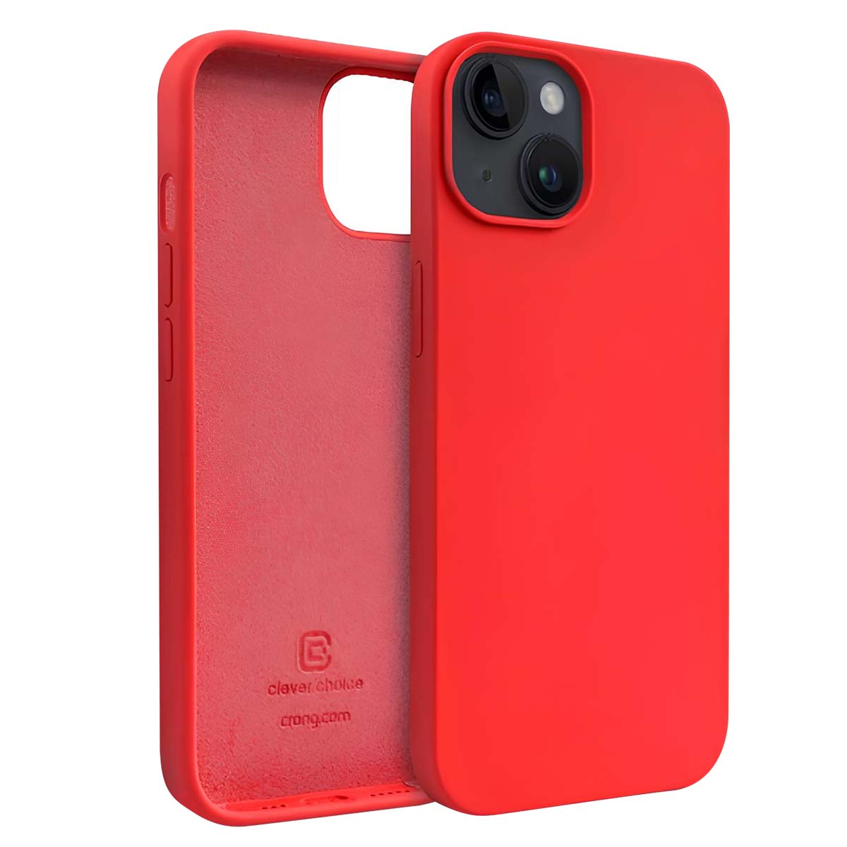 Custodia rossa per telefono con ritaglio per fotocamera, aperta per mostrare l'interno. La custodia è realizzata in materiale liscio. Il marchio è 'clever choice'.