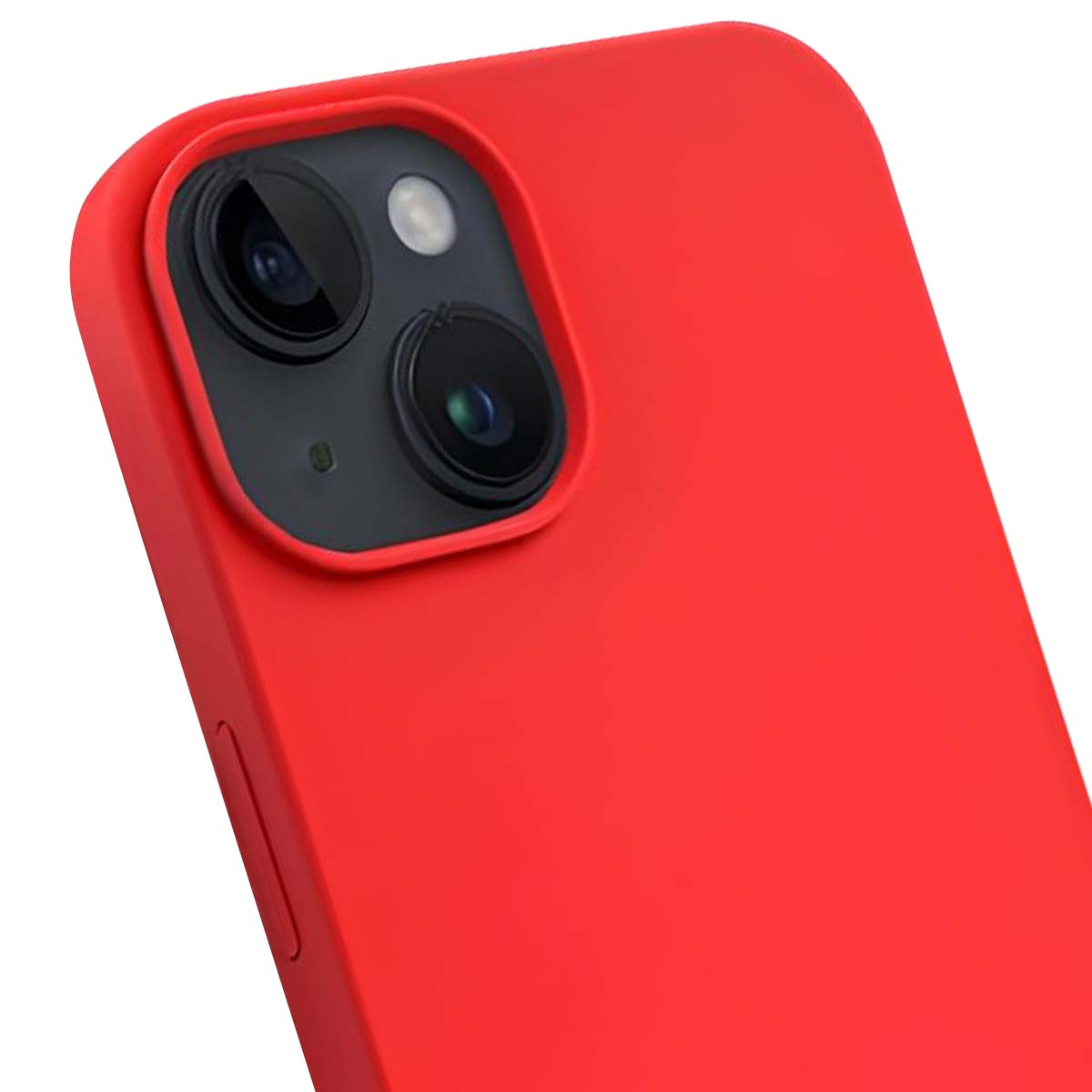 Primo piano di una custodia per telefono rossa. Sono visibili le lenti della fotocamera. La custodia è di colore rosso vibrante.
