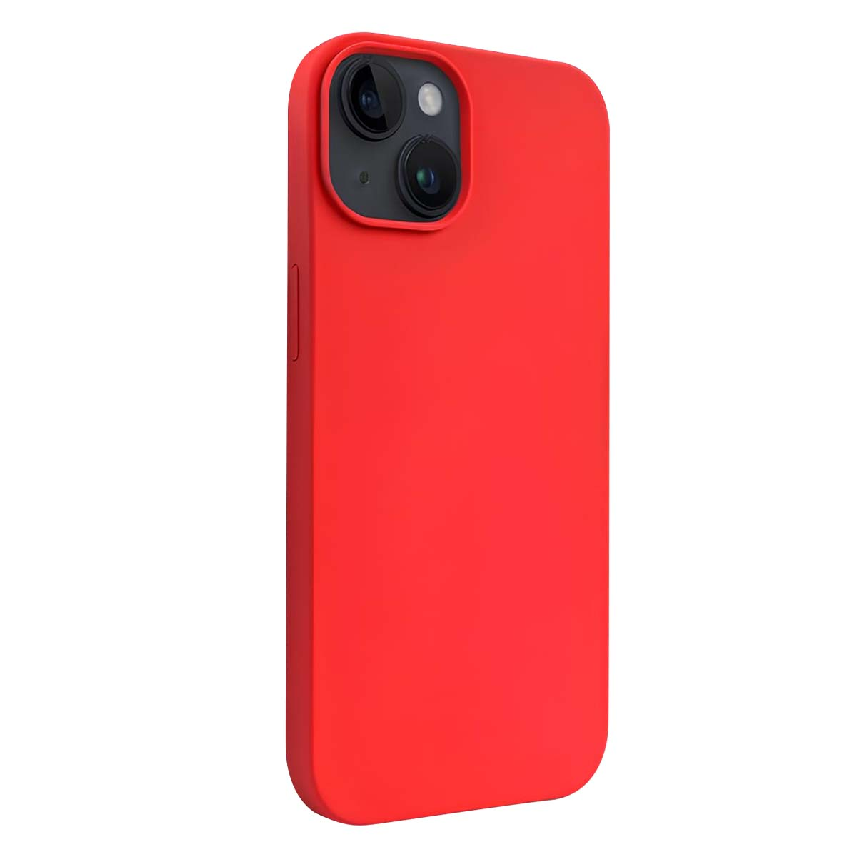 Una custodia rossa per telefono su sfondo bianco. La custodia ha un ritaglio per la fotocamera con due lenti e un flash.