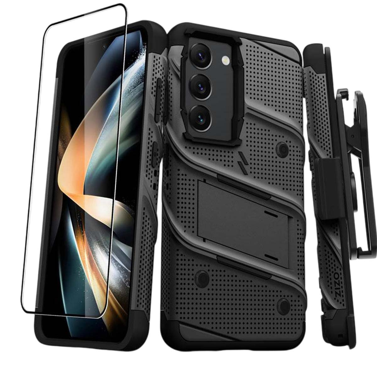 Custodia per telefono nera con protezione schermo e clip da cintura. Il telefono è mostrato con uno schermo dai colori astratti.