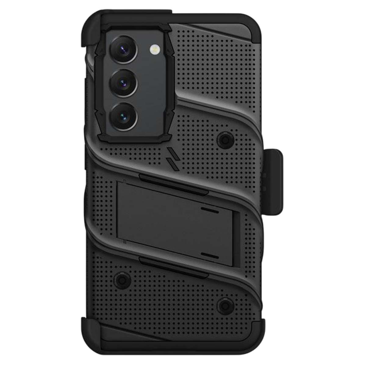 Custodia nera per telefono con tre obiettivi, un cavalletto e una clip da cintura. La custodia ha un design strutturato con piccoli fori.