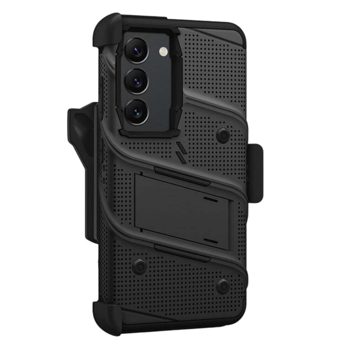 Custodia nera per telefono con tre obiettivi, un supporto e una clip da cintura. Ha un design strutturato con più fori.