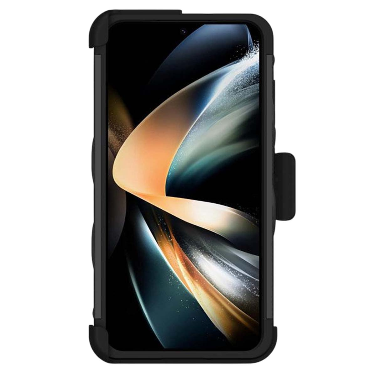 Uno smartphone nero in una custodia protettiva. Lo schermo mostra un design astratto con elementi arancioni, bianchi e blu.
