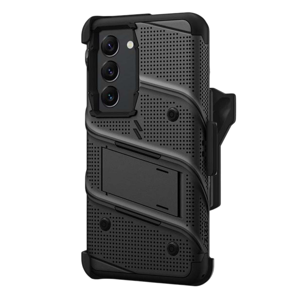 Custodia per telefono nera con cavalletto e clip da cintura. La custodia ha una superficie strutturata con piccoli fori e tre lenti per fotocamera.