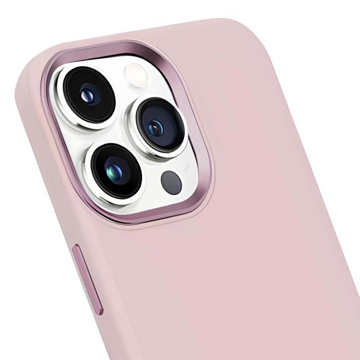 Primo piano di una custodia per telefono rosa chiaro, che mostra le lenti della fotocamera e il pulsante. Le lenti sono nere e argentate.