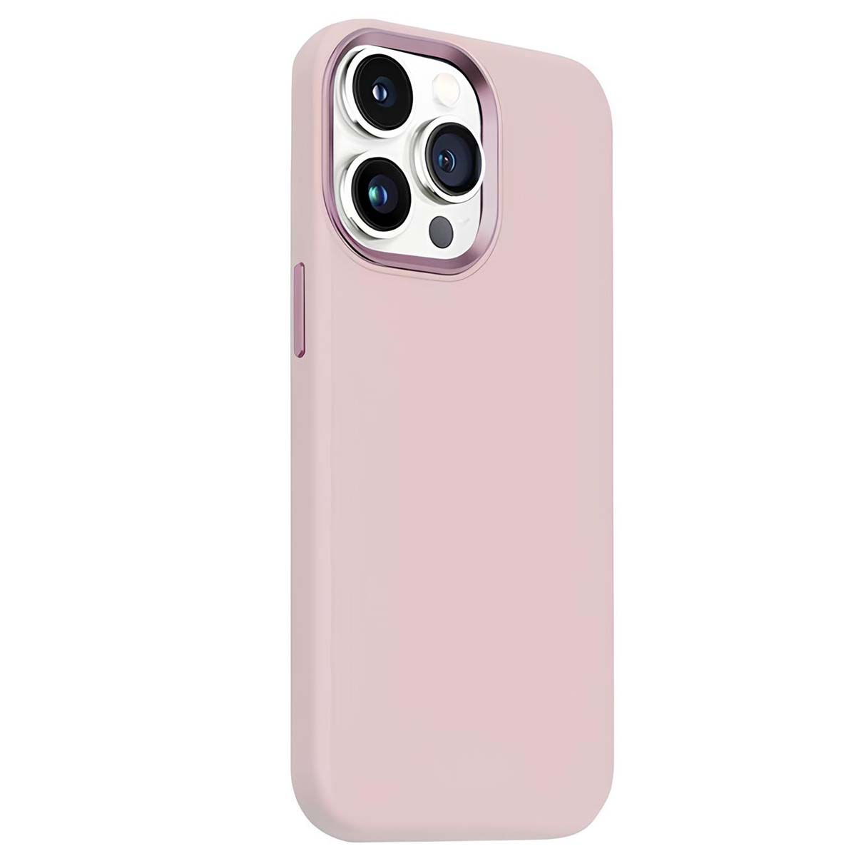 Una custodia rosa per telefono con modulo fotocamera, che mostra più lenti. La custodia ha bordi arrotondati. Sfondo bianco.