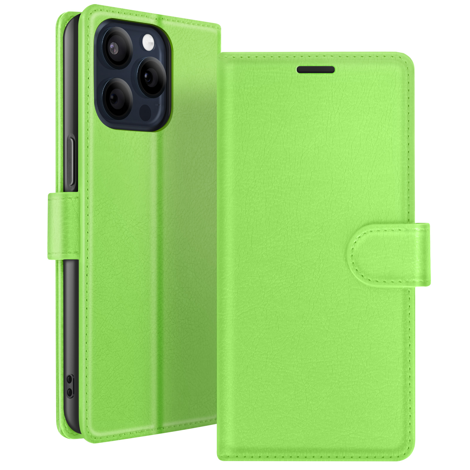 Étui iPhone vert avec couvercle. L'étui est ouvert, révélant le téléphone. Le fond est blanc.