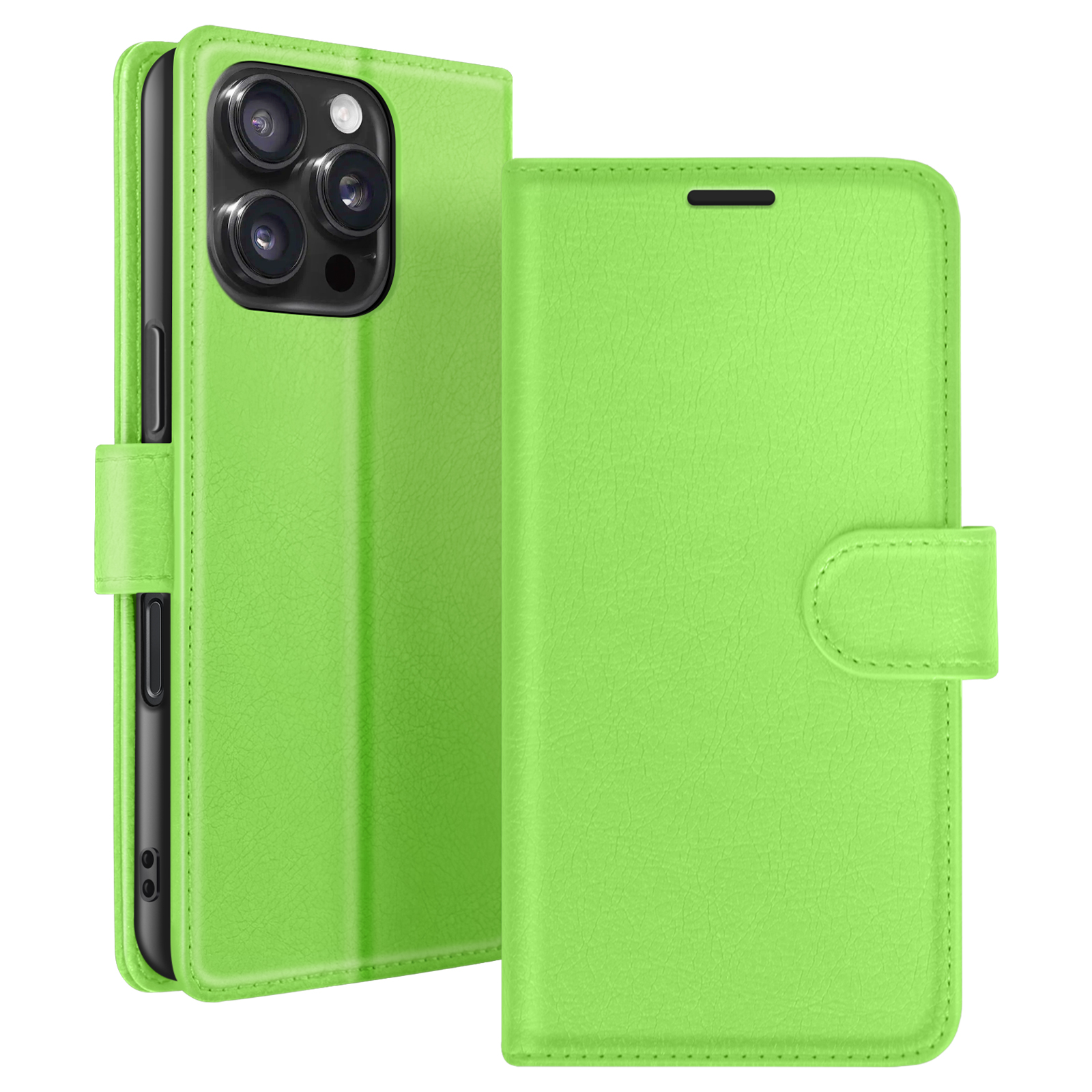 Een limoengroene telefoonhoes is open en toont een telefoon. De hoes heeft een magnetische sluiting en een uitsparing voor de camera.
