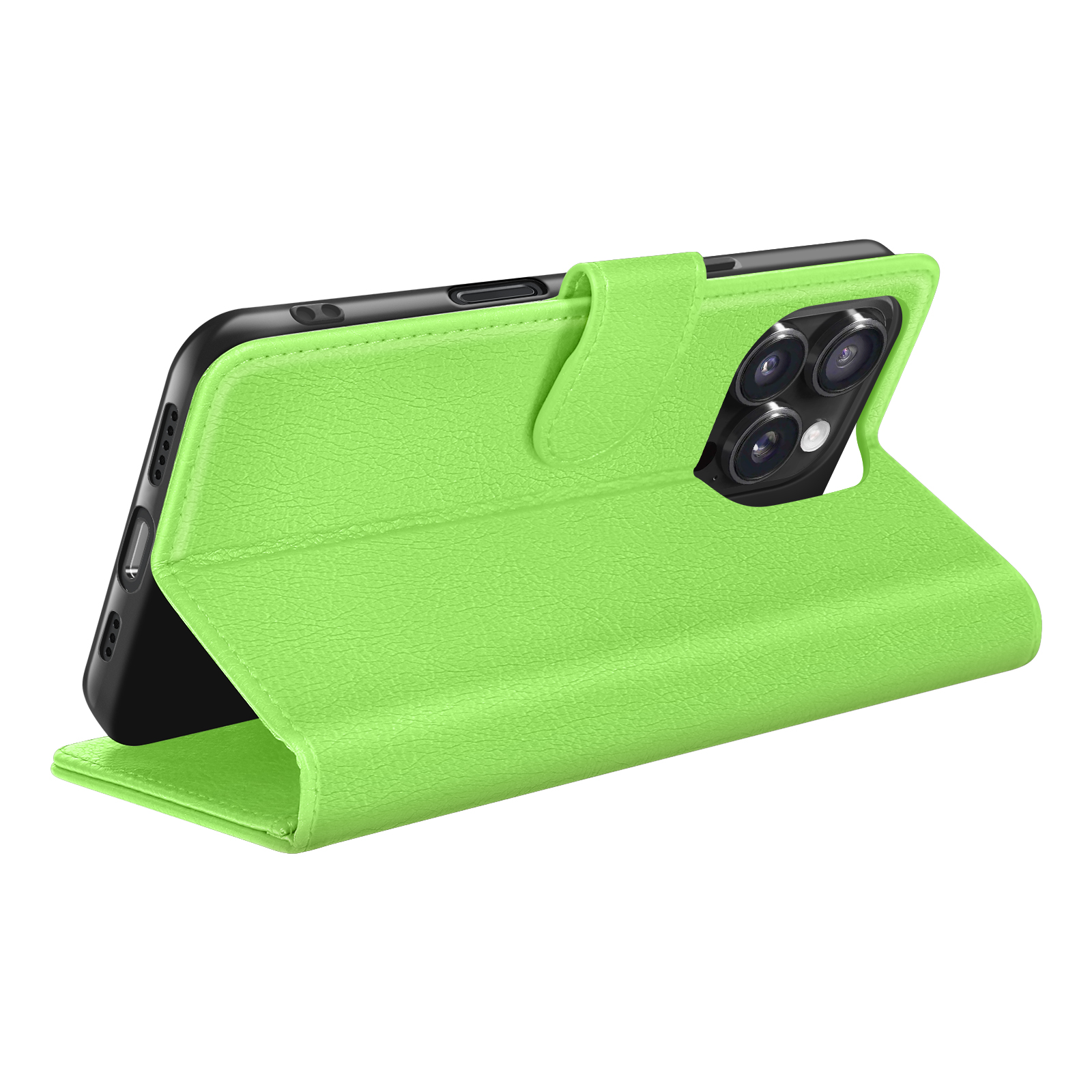 Een neon groene telefoonhoes wordt open getoond, met een zwarte telefoon. De hoes is gemaakt van textuurmateriaal en de camera van de telefoon is zichtbaar.
